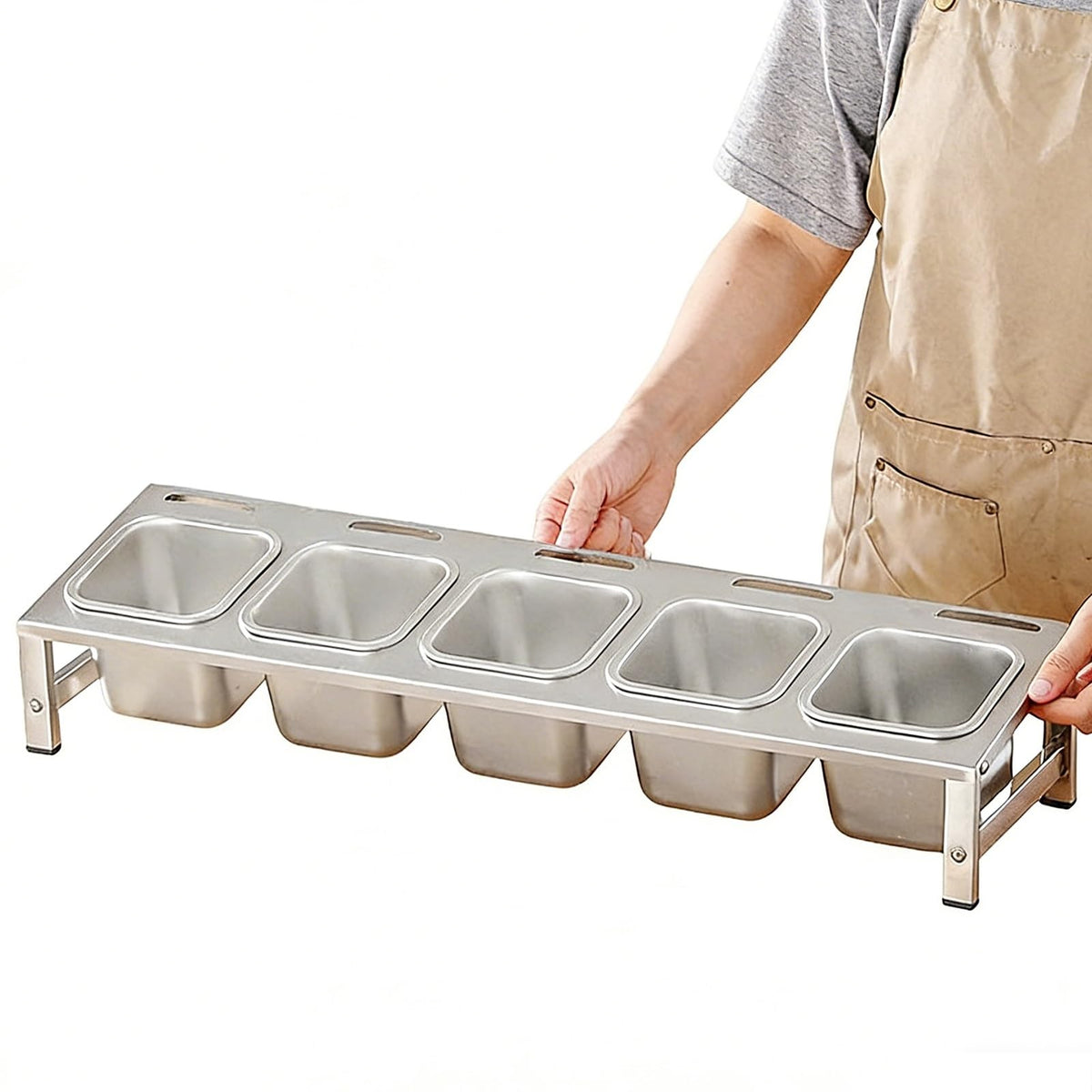 304 Stainless Steel Pizza Topping Station, 2-Tier Condiment Tray with Lids & Spoons, Kitchen Counter Organizer for Spices & Toppings, Restaurant & Home Use