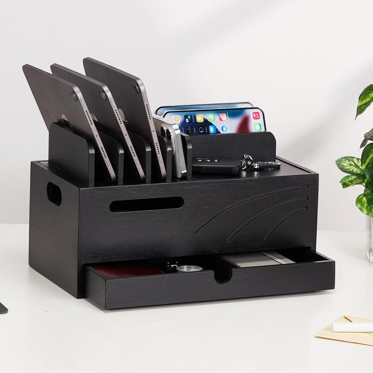 Homde Natural Bamboo Charging Station Rack for Multiple Devices Cable Cord Management Box Organizer Holder with 6 Slots Drawer for Chargers Phones Tablets Watches Electronics