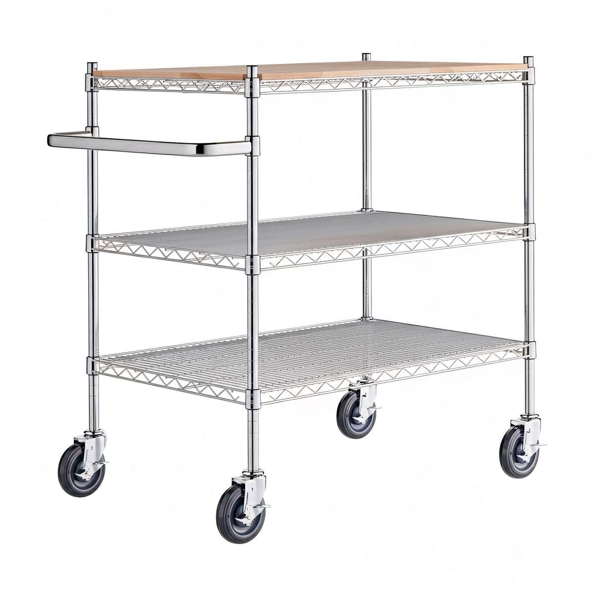 Commercial Chrome Utility Cart with Wood Shelf Insert