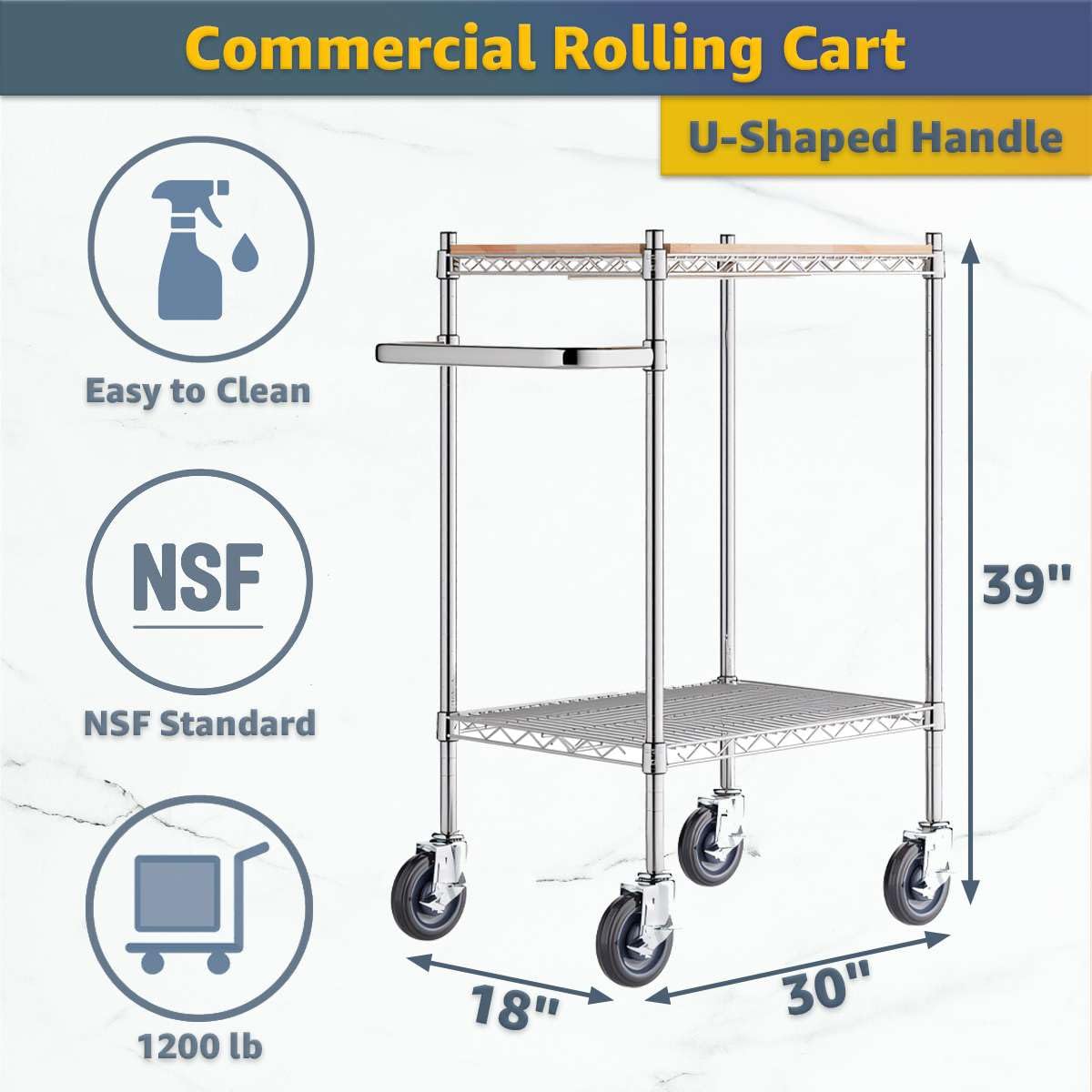 Commercial Chrome Utility Cart with Wooden Shelf Insert