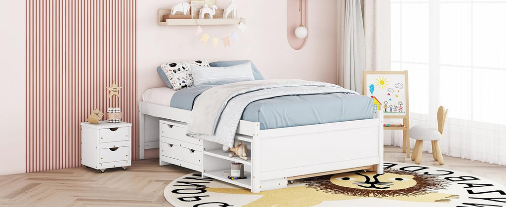 Full Size Storage Bed, Solid Wood Bed with Trundle, Under Bed Storage Box of 2 Drawers, Shelves, and Nightstand,White DI728 CR275