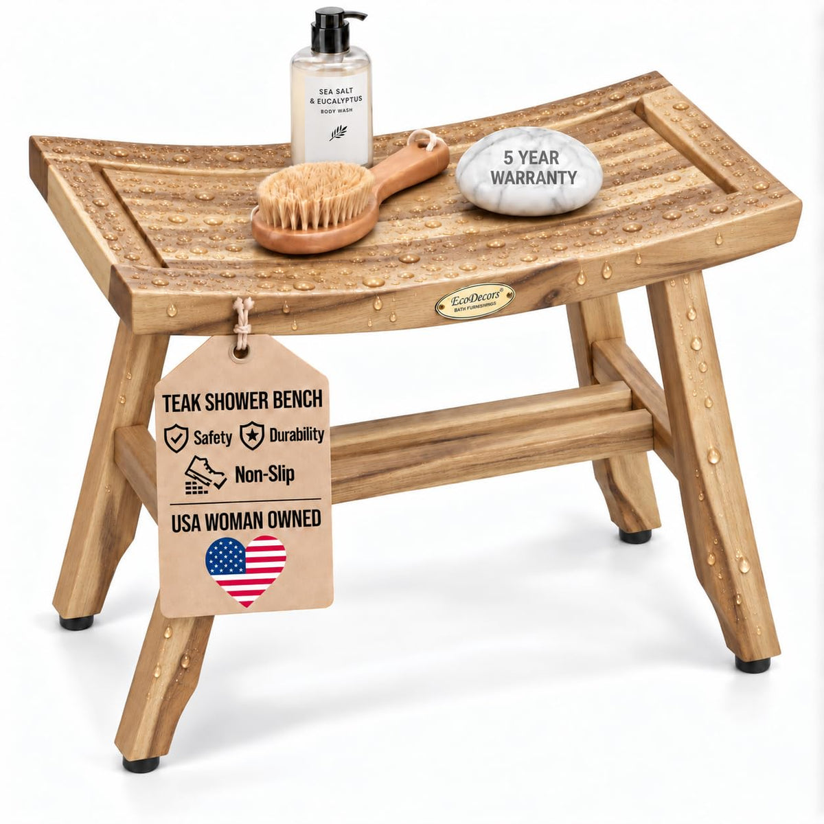 EcoDecors Satori Teak Wood Shower Bench, EarthyTeak Finish