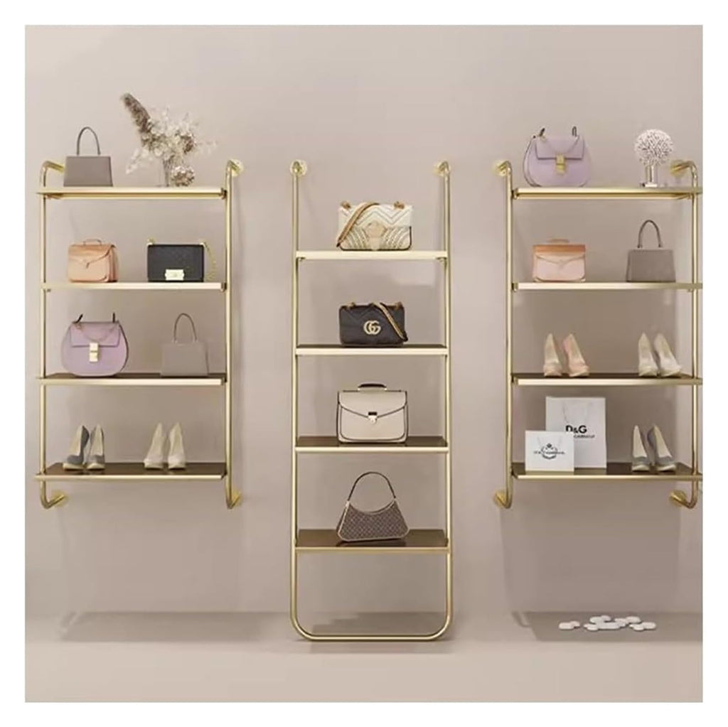 JINMLBO Clothes Rail Garment Rack Modern Ladder Shoe Bag Shelf, Metal Storage Shelf Set of 3 Multi Story Wall Mounted Shelving Stainless Steel Clothing Store Display Rack(Gold,120cmx25x150cm)