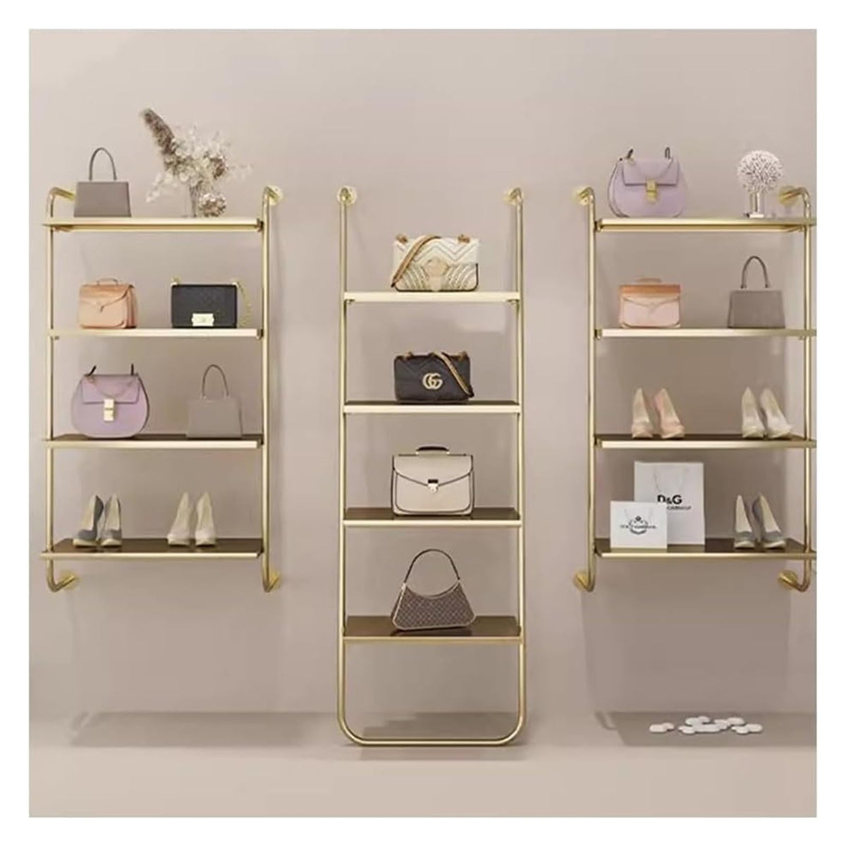 JINMLBO Clothes Rail Garment Rack Modern Ladder Shoe Bag Shelf, Metal Storage Shelf Set of 3 Multi Story Wall Mounted Shelving Stainless Steel Clothing Store Display Rack(Gold,120cmx25x150cm)