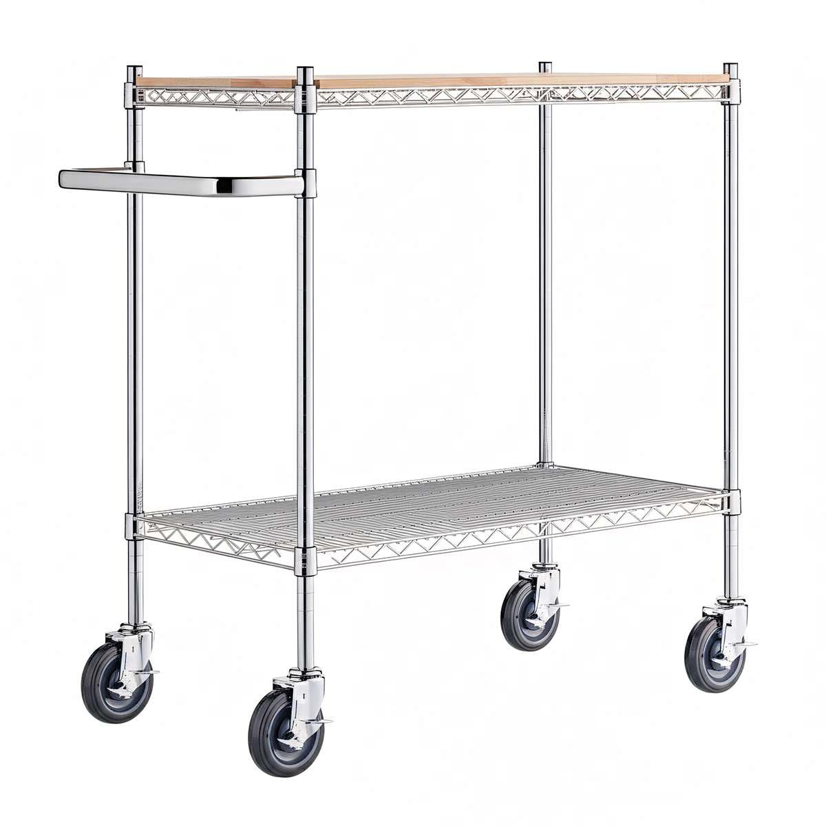 Commercial Chrome Utility Cart with Wood Shelf Insert