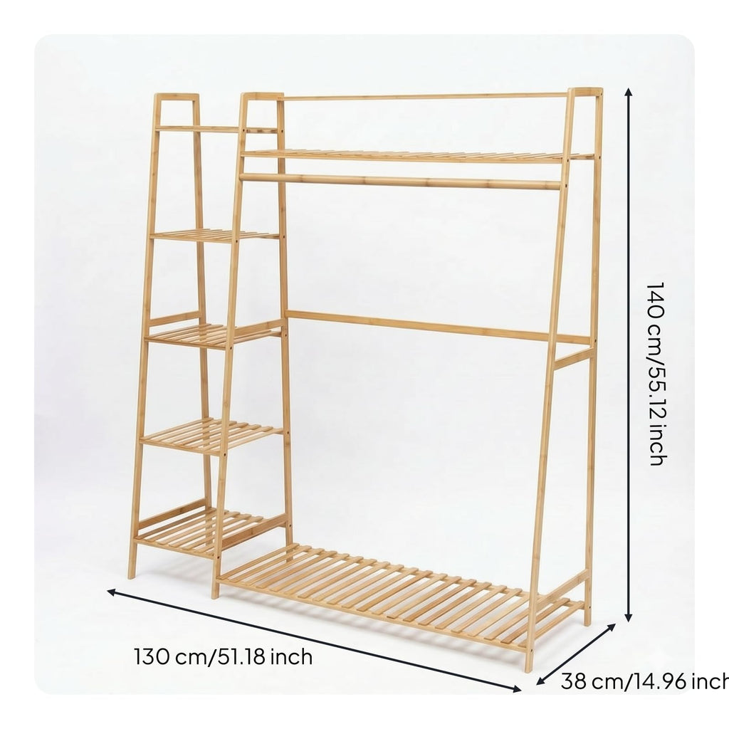 Fonowx Clothing Rack Bamboo Garment Organizer Wardrobe Stand Coat Hanger With Side Shelves And Bottom Slats For Space Saving Storage Suitable for bedroom entryway apartment