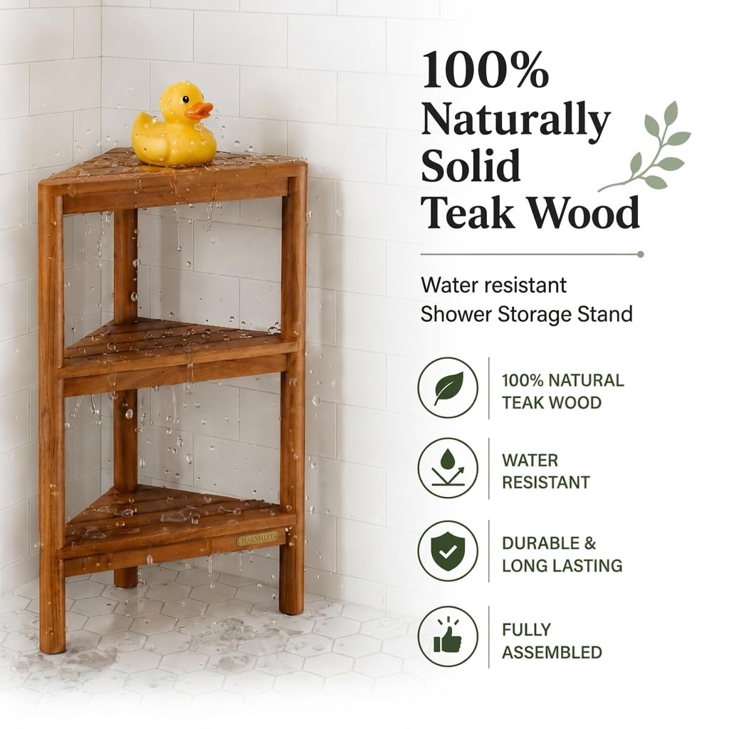 TEAK VALLEY Fully Assembled Teak Corner Shower Shelf, Shower Caddy 26.5"