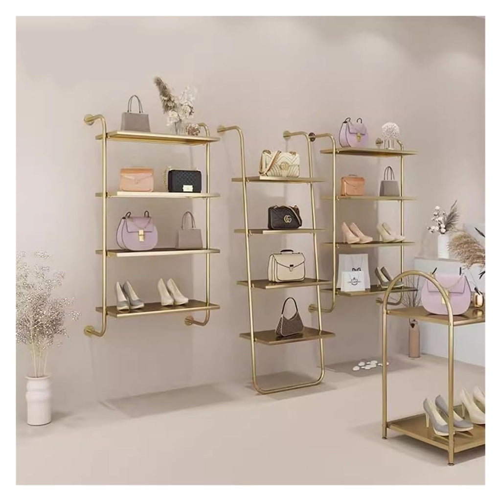 JINMLBO Clothes Rail Garment Rack Modern Ladder Shoe Bag Shelf, Metal Storage Shelf Set of 3 Multi Story Wall Mounted Shelving Stainless Steel Clothing Store Display Rack(Gold,120cmx25x150cm)