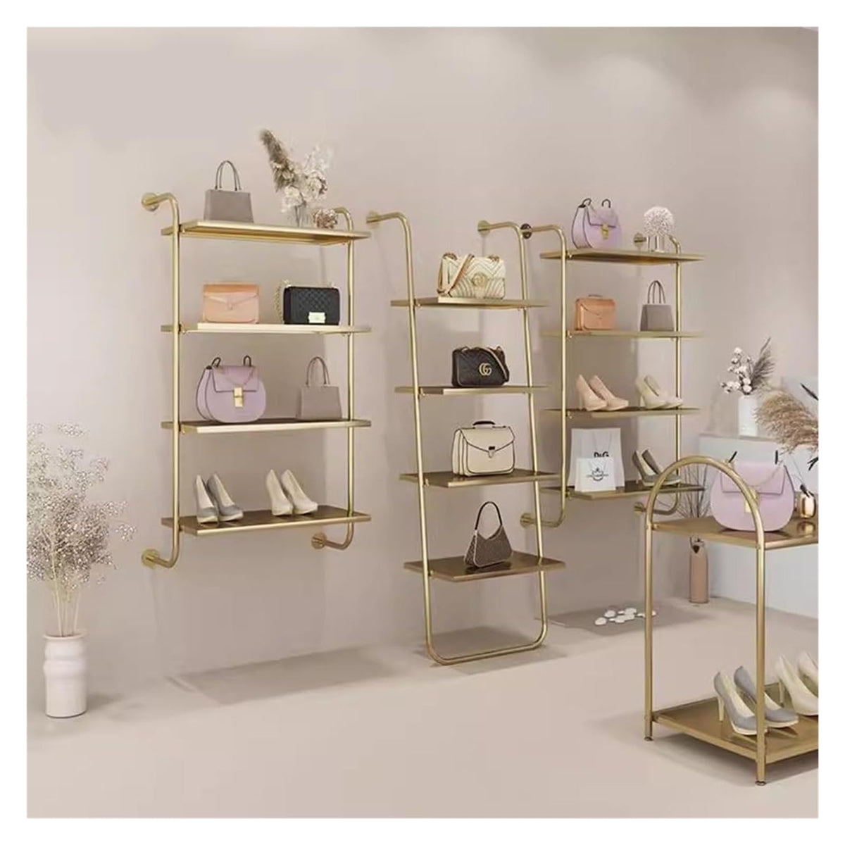JINMLBO Clothes Rail Garment Rack Modern Ladder Shoe Bag Shelf, Metal Storage Shelf Set of 3 Multi Story Wall Mounted Shelving Stainless Steel Clothing Store Display Rack(Gold,120cmx25x150cm)