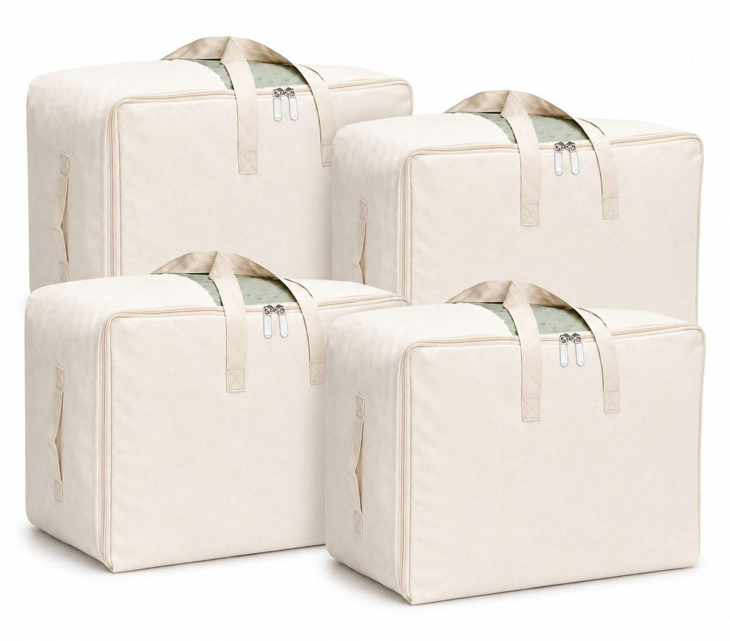 DoYiKe Soft Large Canvas Comforter Storage Bags with Zipper and Clear Window, Cotton Linen Storage Organizer for Sweater, Comforter, Blankets, Quilt, Pillows and Bedding