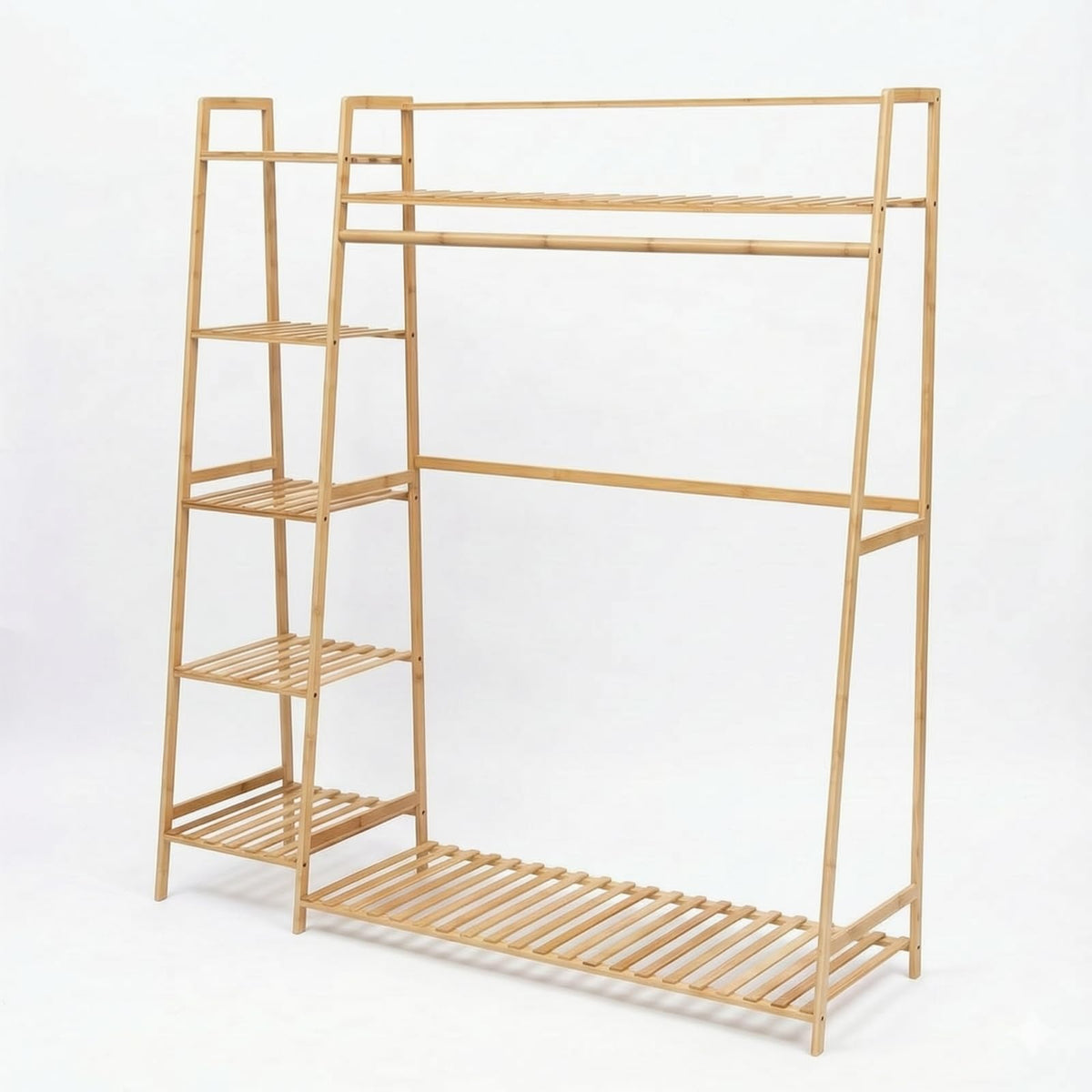 Fonowx Clothing Rack Bamboo Garment Organizer Wardrobe Stand Coat Hanger With Side Shelves And Bottom Slats For Space Saving Storage Suitable for bedroom entryway apartment