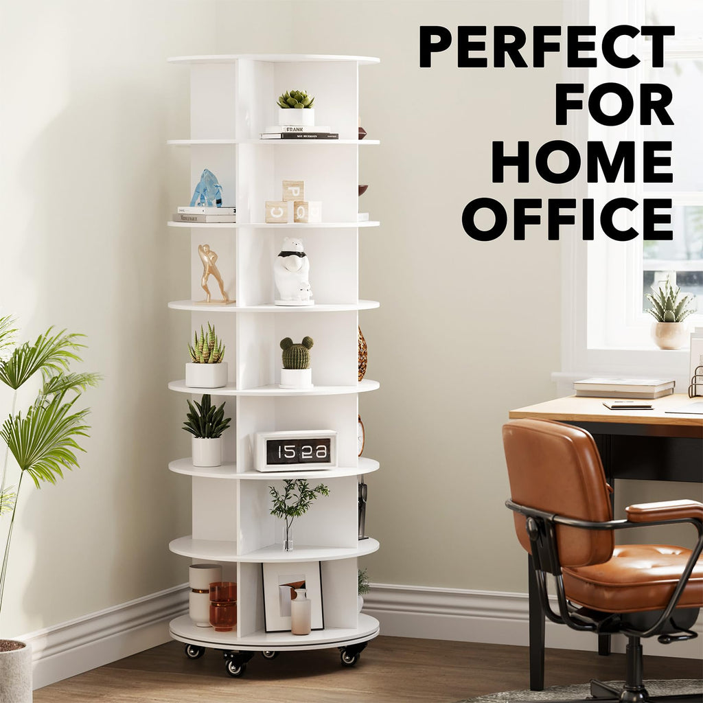 SpaceAid Spinning Shoe Rack with Wheels, 7 Tier Rotating Organizer Shoe Tower Lazy Susan with Thick Bottom, 360 Display Revolving Storage Shelf, Round Circular Rotate Organization, White