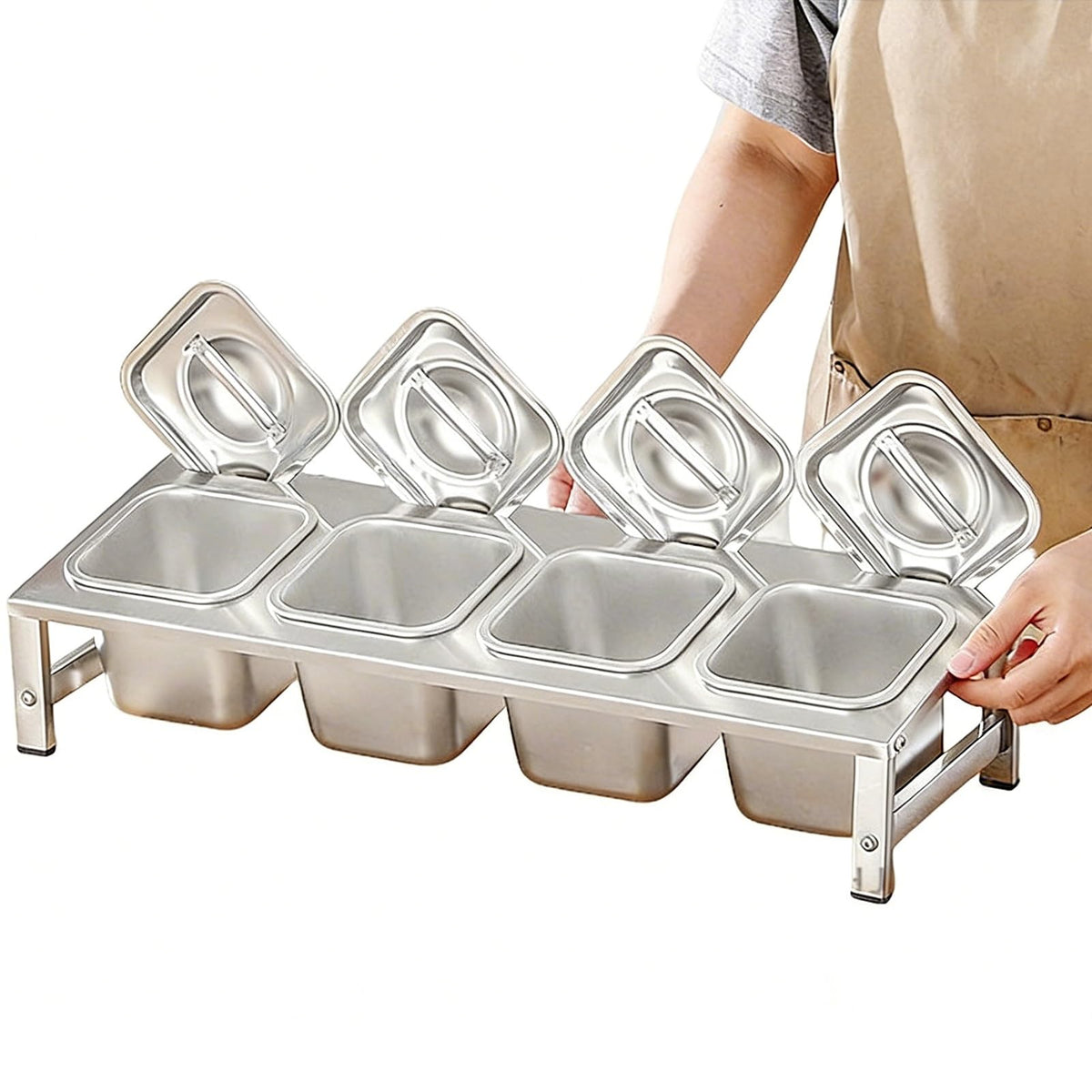 304 Stainless Steel Pizza Topping Station, 2-Tier Condiment Tray with Lids & Spoons, Kitchen Counter Organizer for Spices & Toppings, Restaurant & Home Use