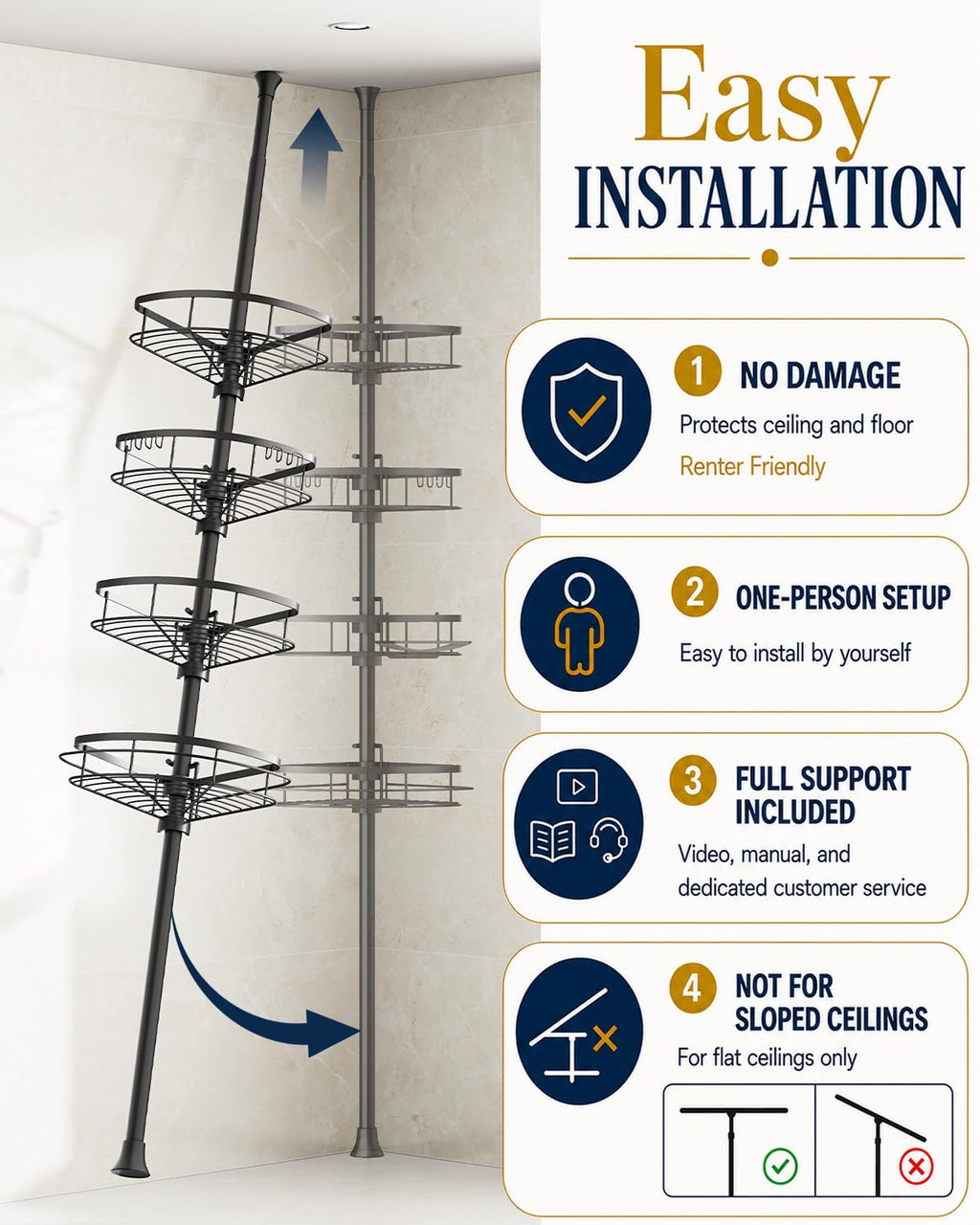 SEIRIONE Rustproof Corner Shower Caddy Tension Pole for Bathroom Organizers