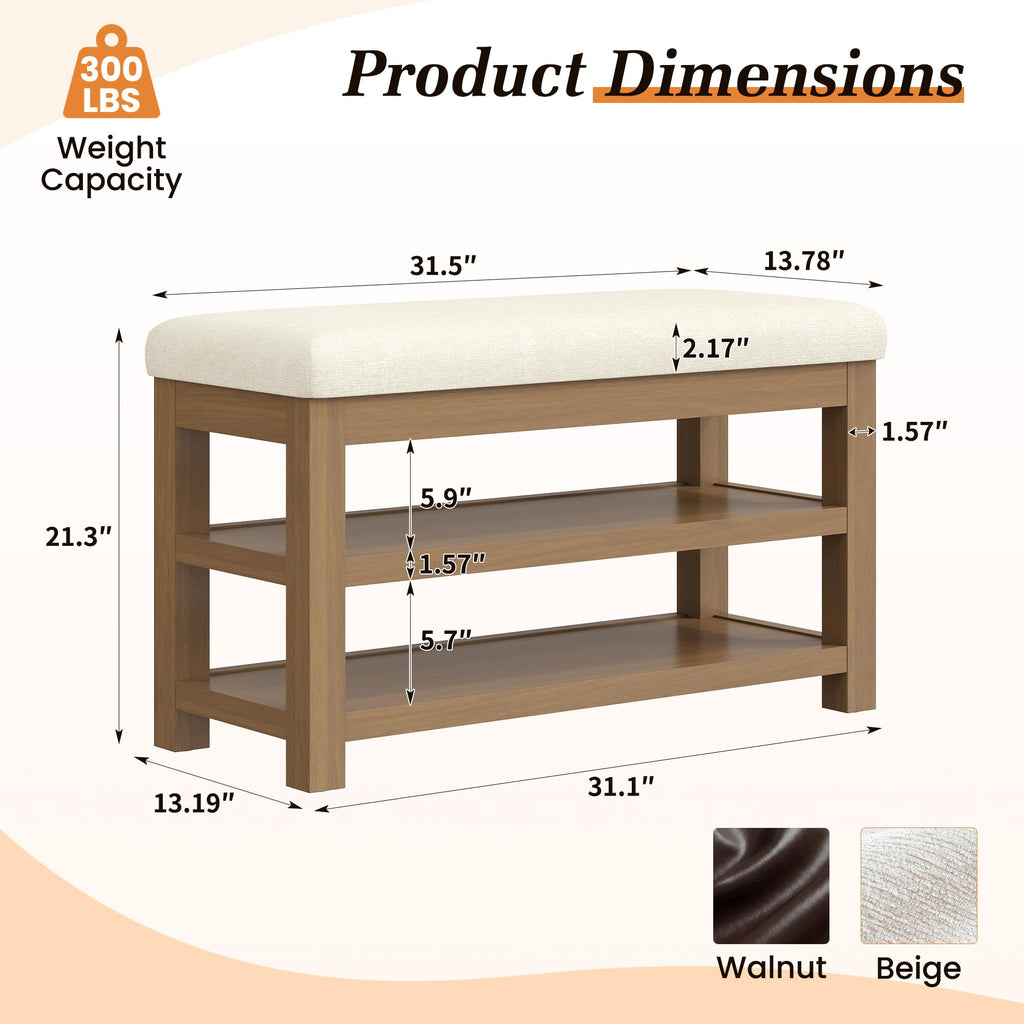 2 Tier Solid Rubberwood Shoe Bench - 300 LBS Capacity, 31.5" Beige