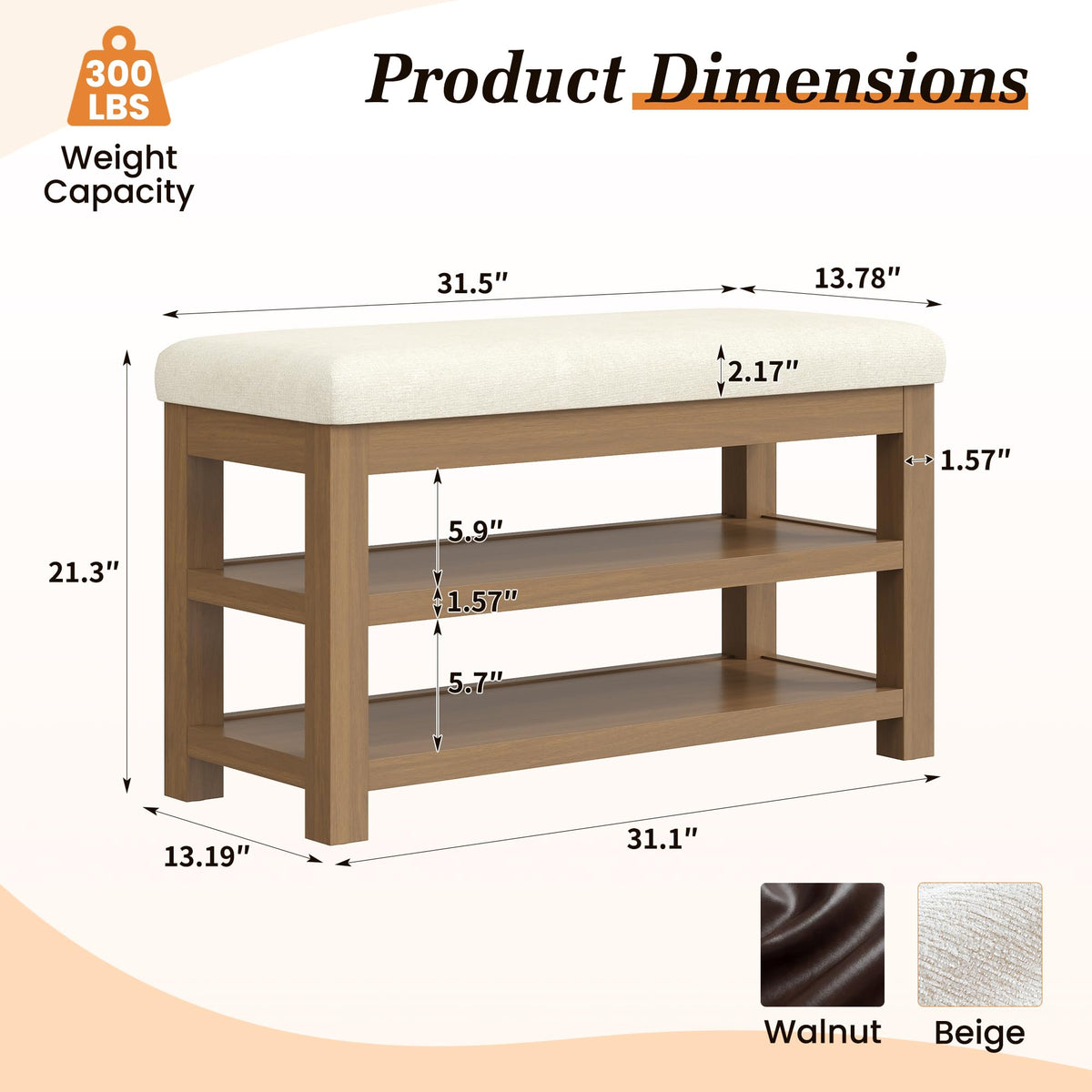 2 Tier Solid Rubberwood Shoe Bench - 300 LBS Capacity, 31.5" Beige