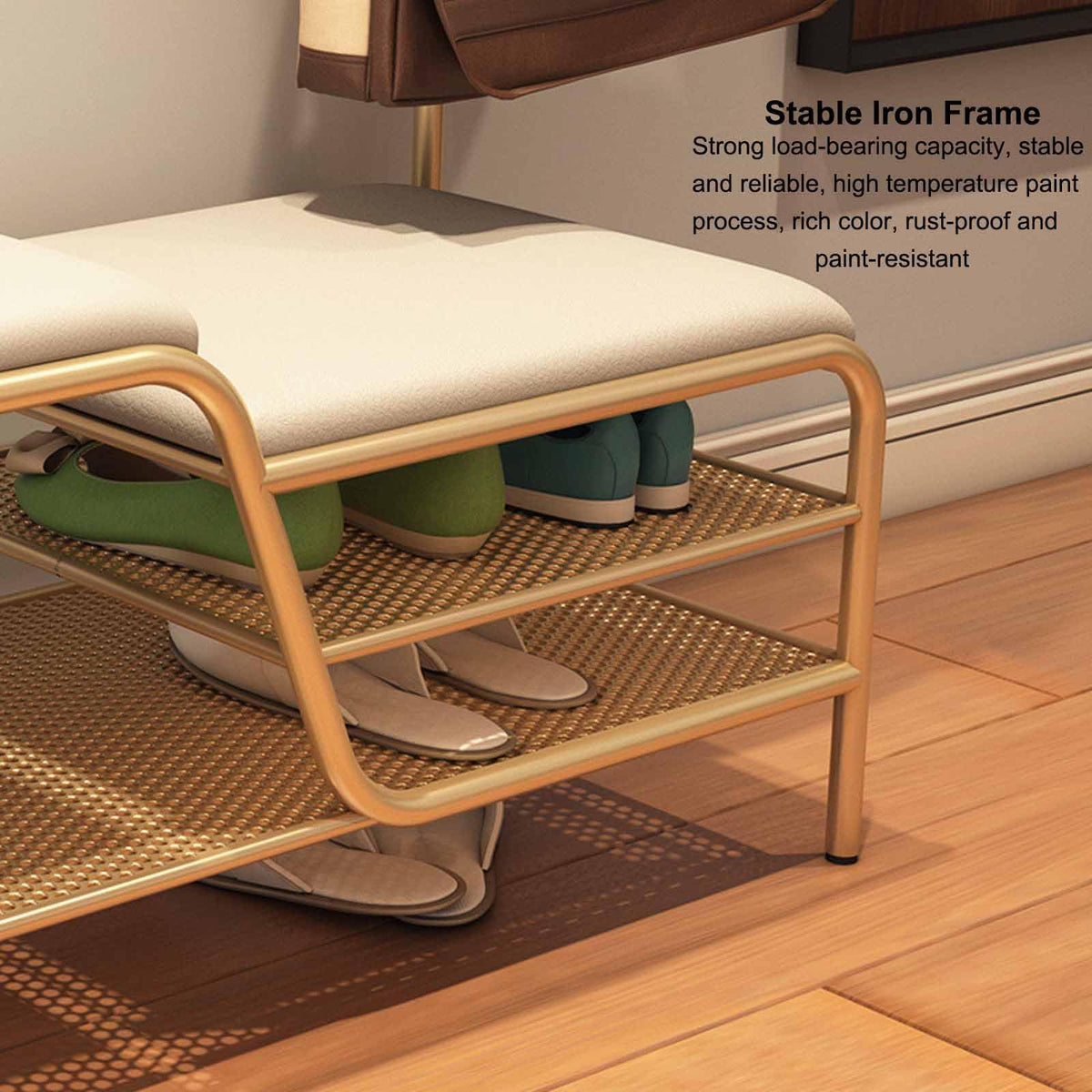 RUYICZB Shoe Rack Bench with Cushion, 2 Tier Storage Bench, Entryway Bench with Legs, Metal Shoe Rack Organizer, Shoe Storage Bench for Living Room, Hallway, Entryway