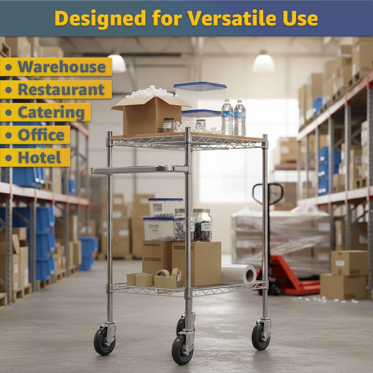 Commercial Chrome Utility Cart with Wooden Shelf Insert