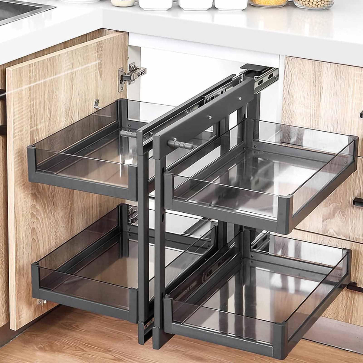 MIIKHI Kitchen Organizer Blind Corner Cabinet Tray 2 Tier Pull Out Cabinet Organizer Swing Pull Out Organizer Swing Tray Kitchen Cabinets for Kitchen Stainless Steel Double Layers Blind C