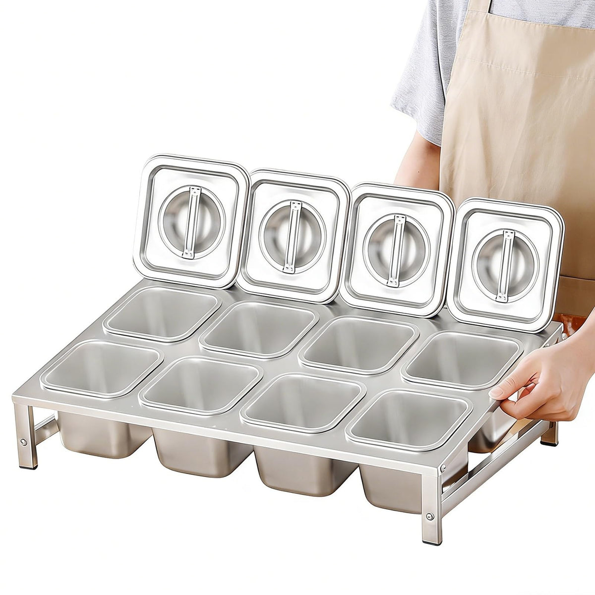 304 Stainless Steel Pizza Topping Station, 2-Tier Condiment Tray with Lids & Spoons, Kitchen Counter Organizer for Spices & Toppings, Restaurant & Home Use
