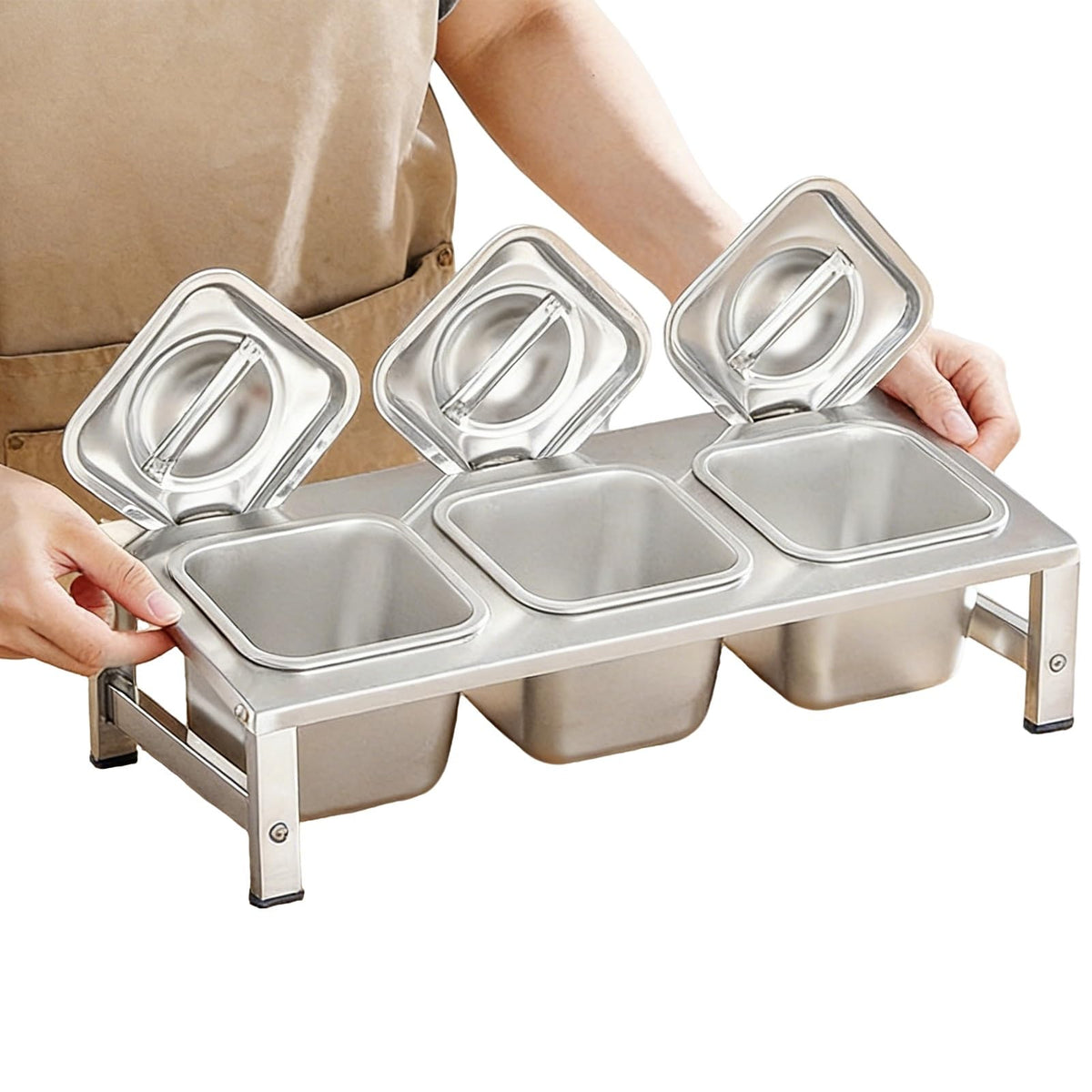 304 Stainless Steel Pizza Topping Station, 2-Tier Condiment Tray with Lids & Spoons, Kitchen Counter Organizer for Spices & Toppings, Restaurant & Home Use
