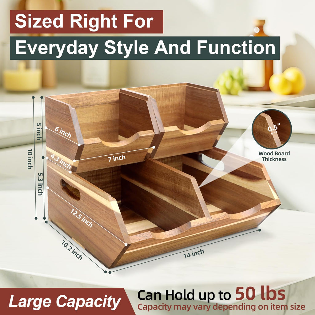 Happilif Acacia Wood Pantry Storage Bins, Stackable 3-piece set