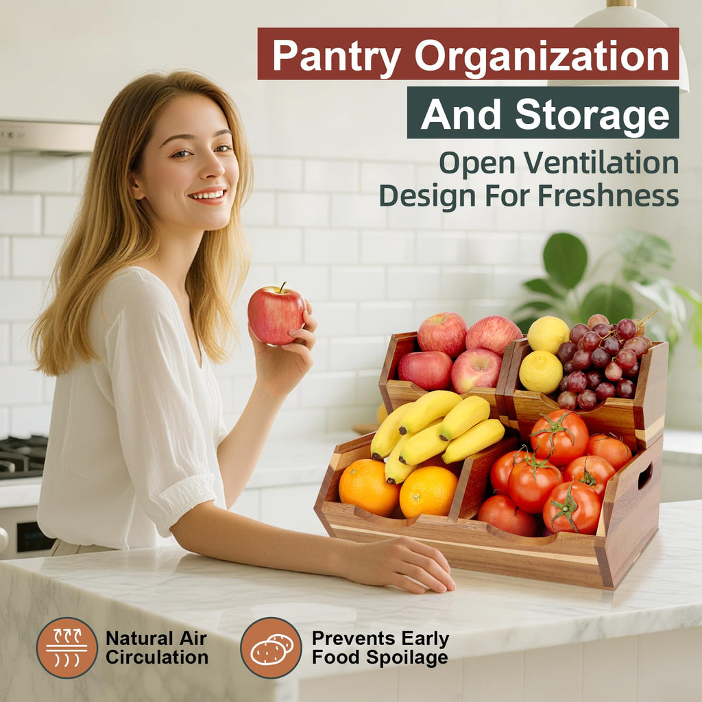 Happilif Acacia Wood Pantry Storage Bins, Stackable 3-piece set