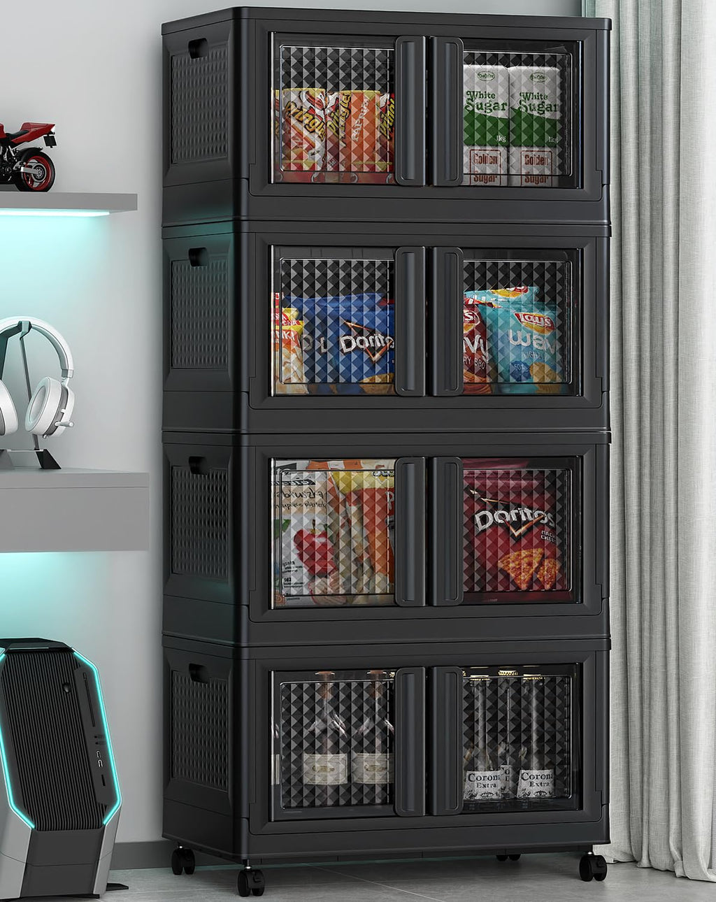 BROVIEW Stackable Storage Bins with Lids, Closet Organizers and Storage Drawer, Plastic Collapsible Storage Bins with Doors, Heavy Duty Store Box Cabinet for Home Kitchen