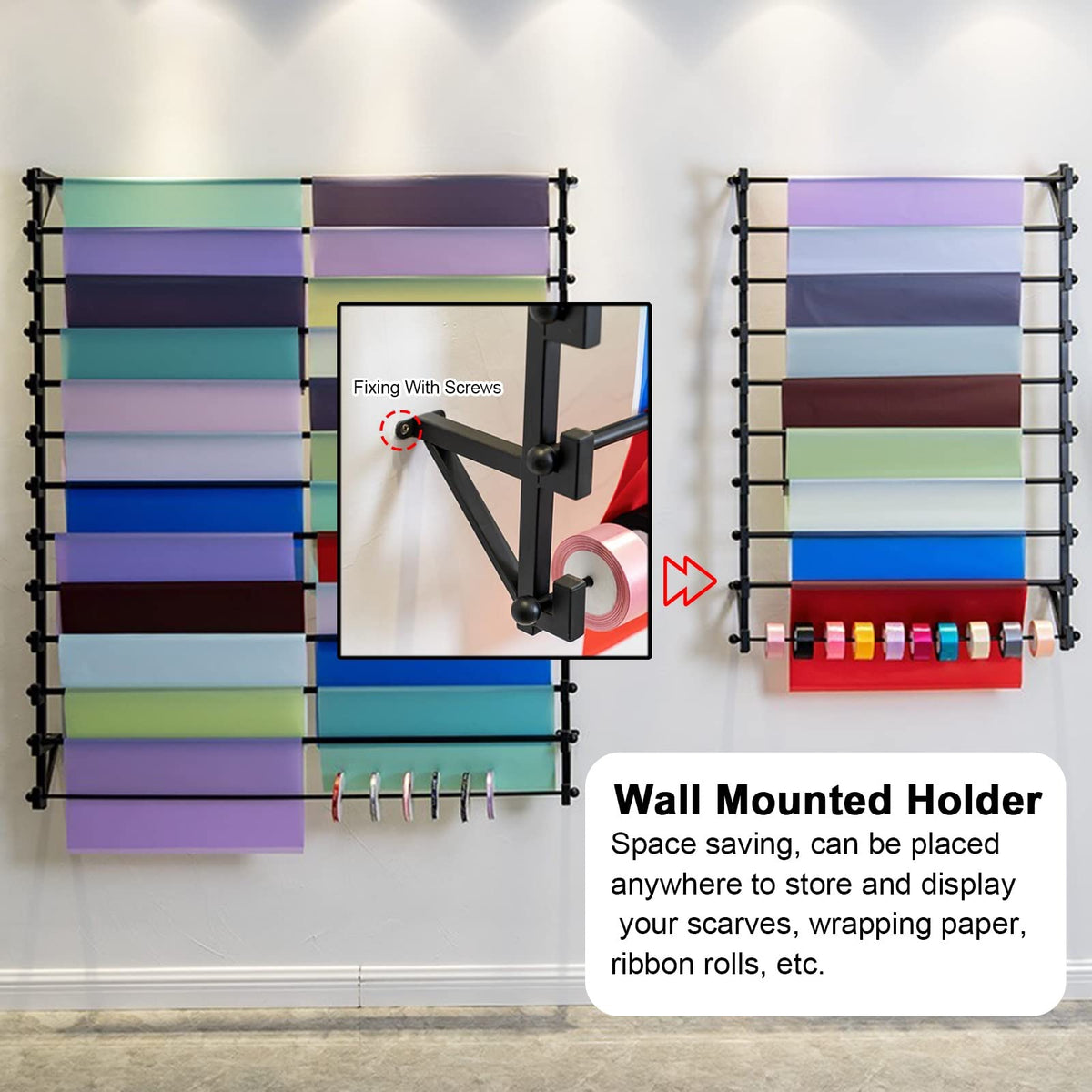 Crafts Ribbon Holder Organizer Rack Wall Mount Wrapping Paper Storage Rack Black, Commercial Metal Scarf Display Holder for Clothing Store/Home Closet, 10 Tier Organizer Stand (Color : Black, Size :