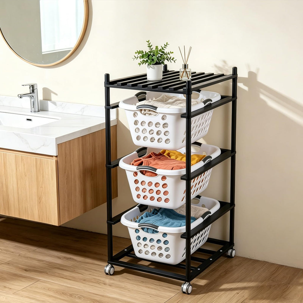 Laundry Basket Holder Storage Shelf with 4 Baskets (1.25 Bushel)
