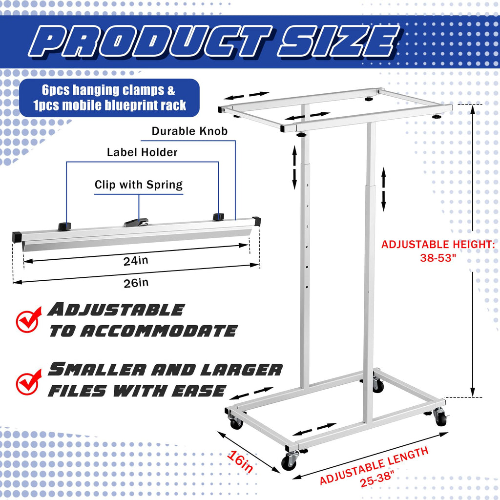 Kolldenn Mobile Blueprint Storage Rack with 6 Clamps 4 Wheels