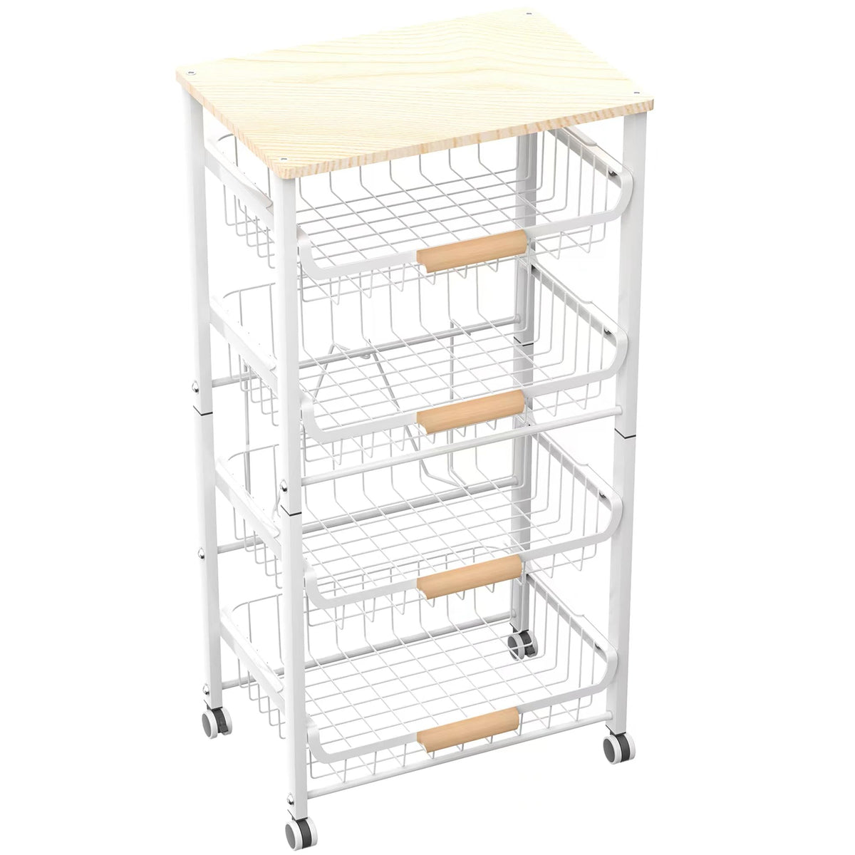 NiuYichee Fruit Basket Kitchen Pantry Organizers and Storage - Wooden Top Table,Pullable Metal Wire Basket Stand Cart for Fruit Vegetable Snacks Jars Bins Containers Organization