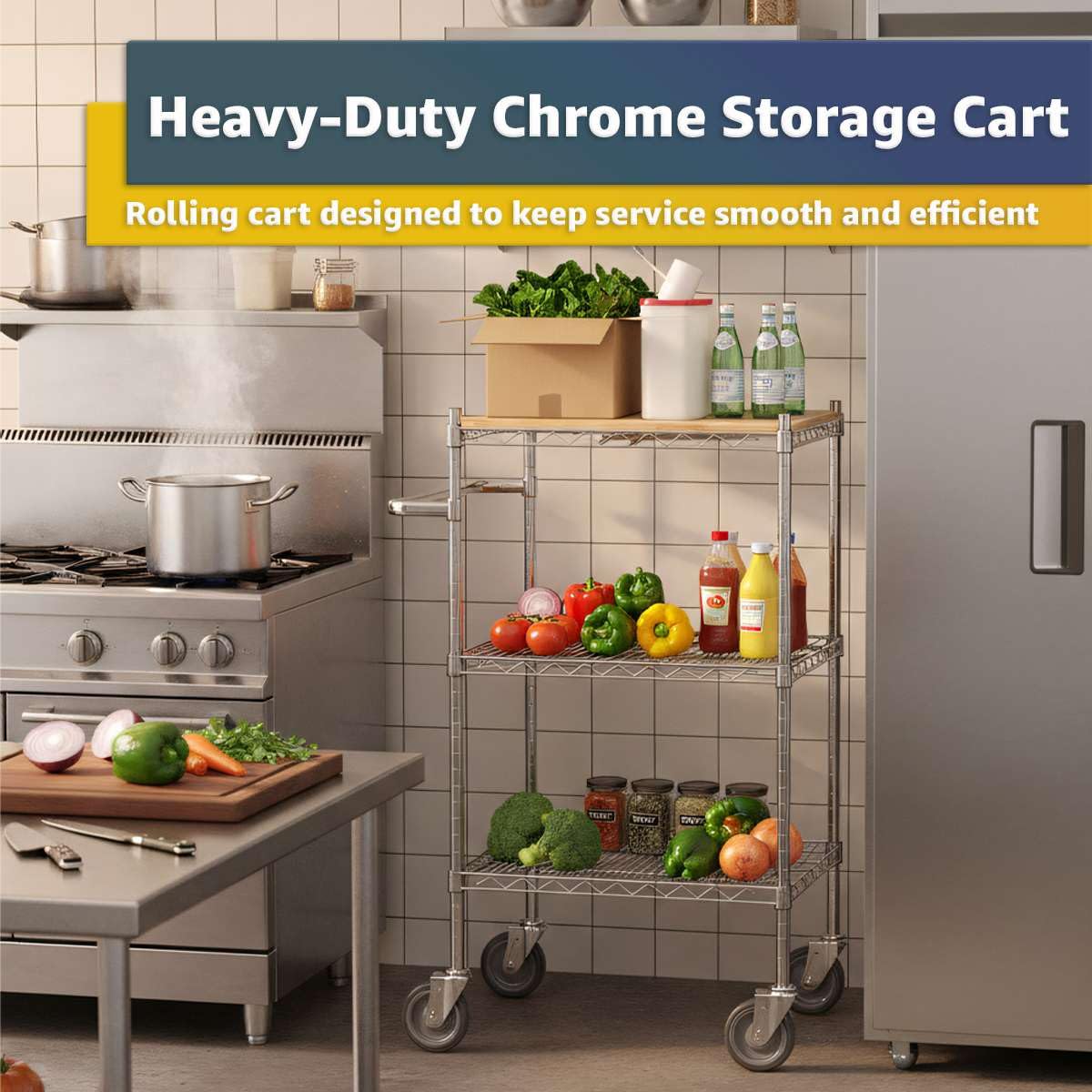 Commercial Chrome Utility Cart with Wooden Shelf Insert