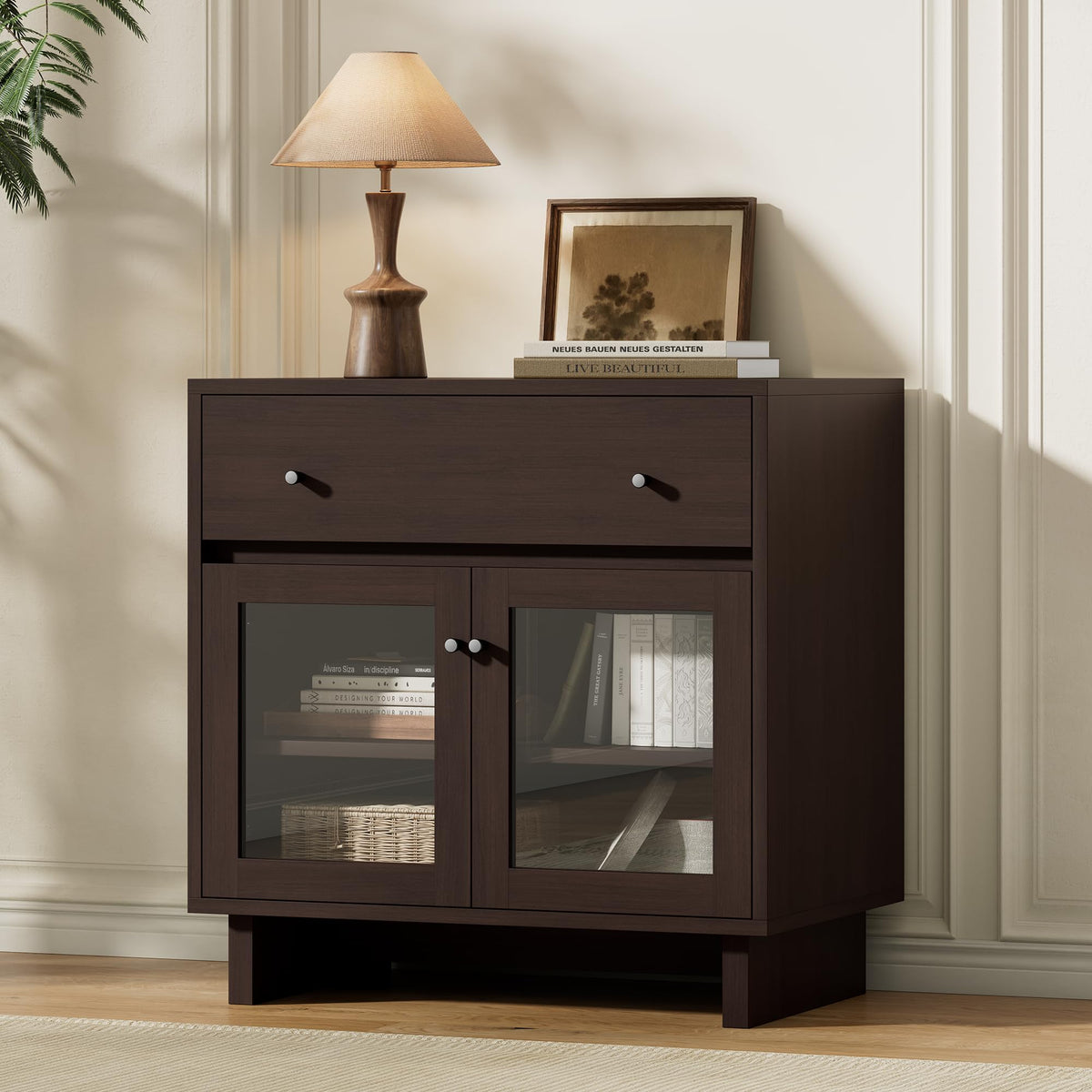 AMERLIFE Storage Cabinet with Glass Doors & Drawer