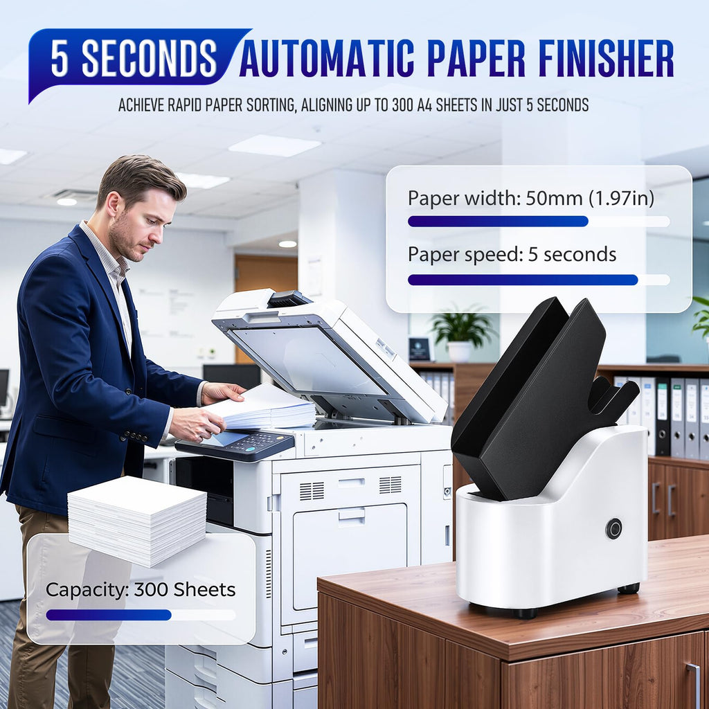 Automatic Desktop Paper Jogger for Desk Organization, 300 Sheet Capacity, 5s Fast Document Alignment, 18,000 RPM Wind Force and 6,000 RPM Vibration Anti Static & Non-Stick for A4/A5/A6/Letter Sizes