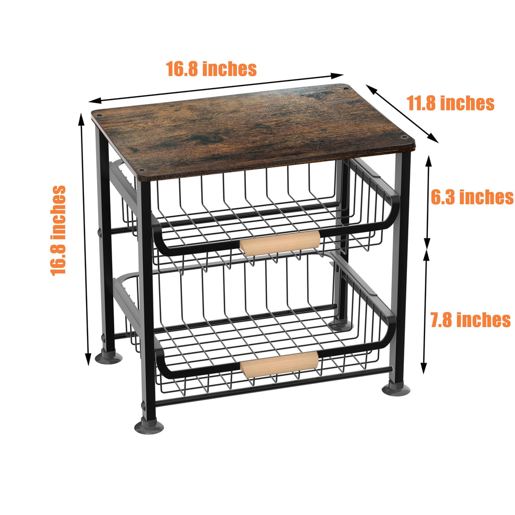 NiuYichee Fruit Basket Kitchen Pantry Organizers and Storage - Wooden Top Table,Pullable Metal Wire Basket Stand Cart for Fruit Vegetable Snacks Jars Bins Containers Organization