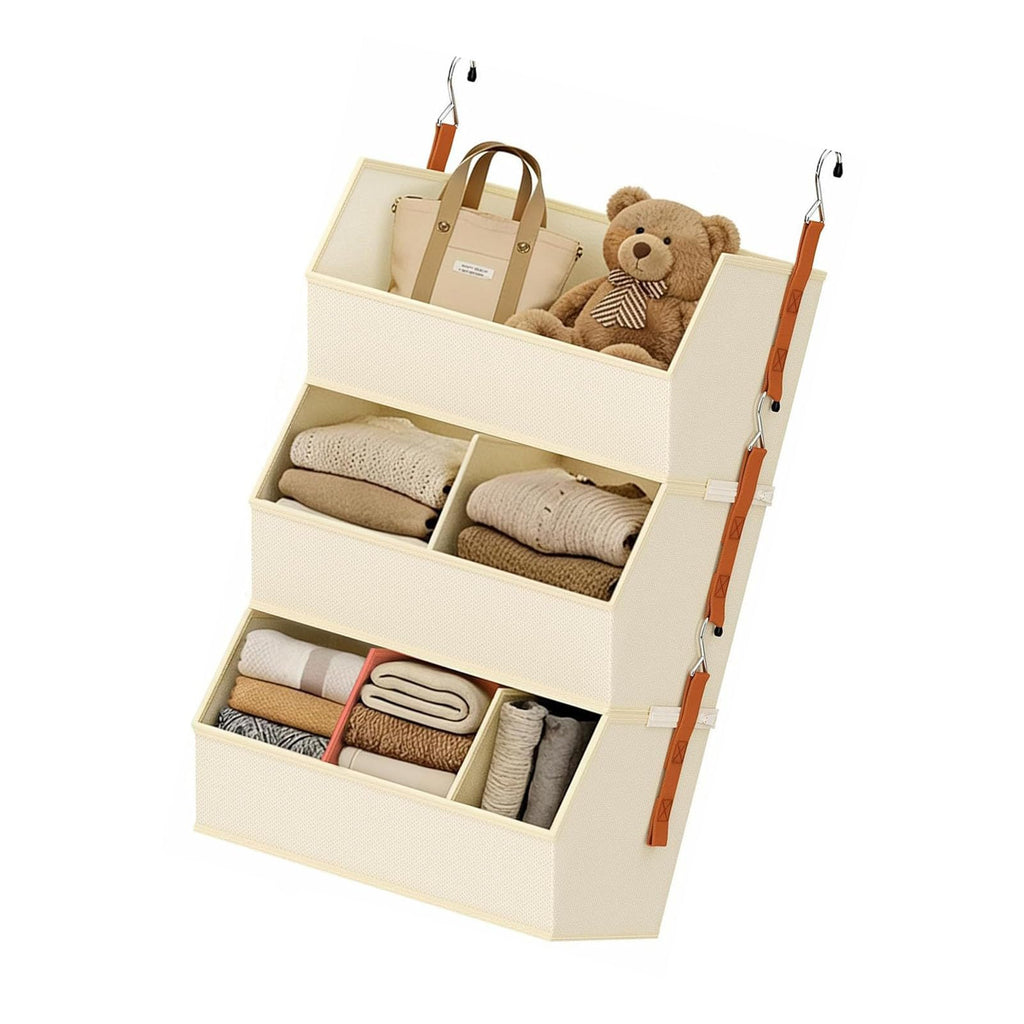 sodeber Fabric Hanging Closet Organizer with Reinforced PP Boards and Metal Hooks Space Saving Vertical Wardrobe Storage Shelves for Clothes Sweaters and Household Organization