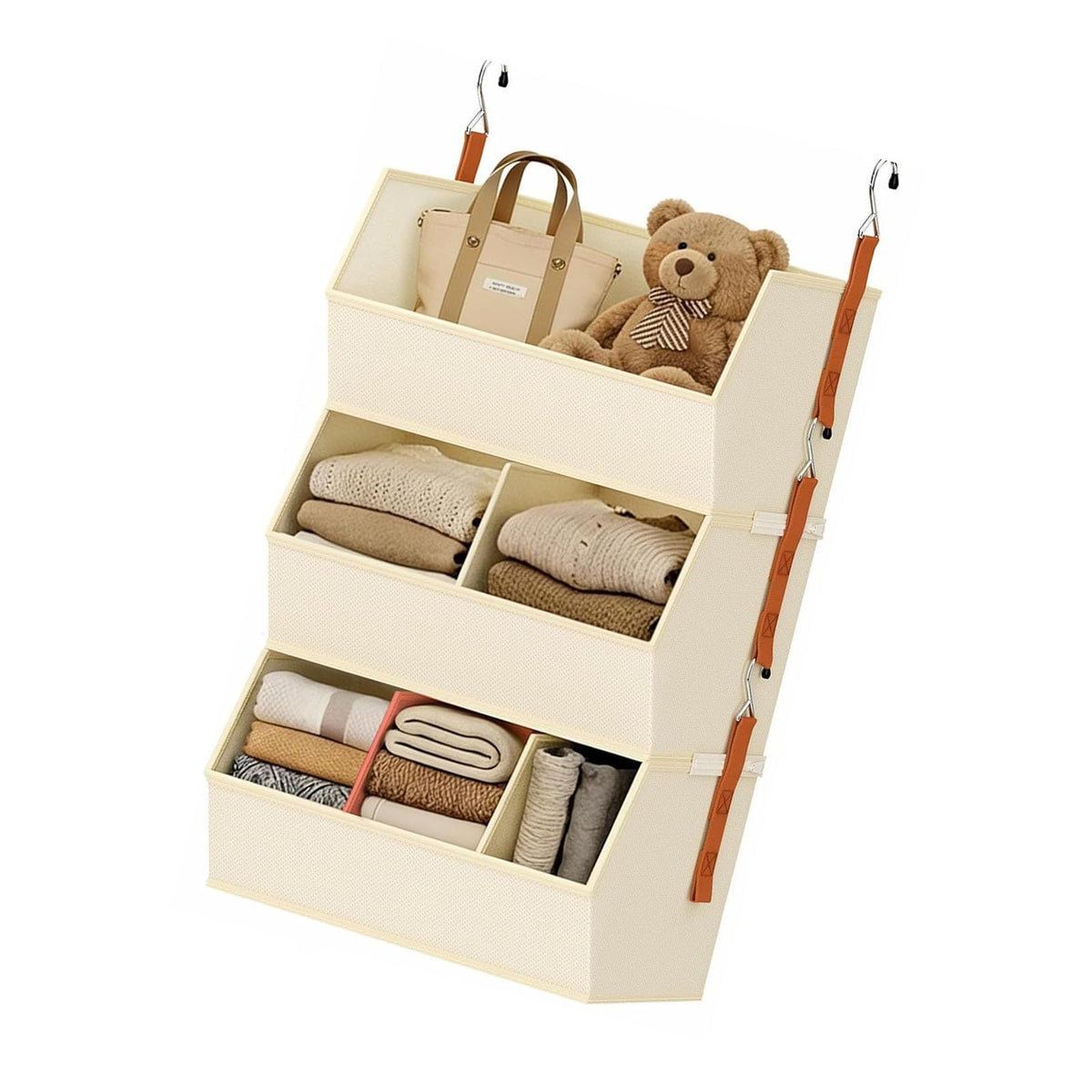 sodeber Fabric Hanging Closet Organizer with Reinforced PP Boards and Metal Hooks Space Saving Vertical Wardrobe Storage Shelves for Clothes Sweaters and Household Organization