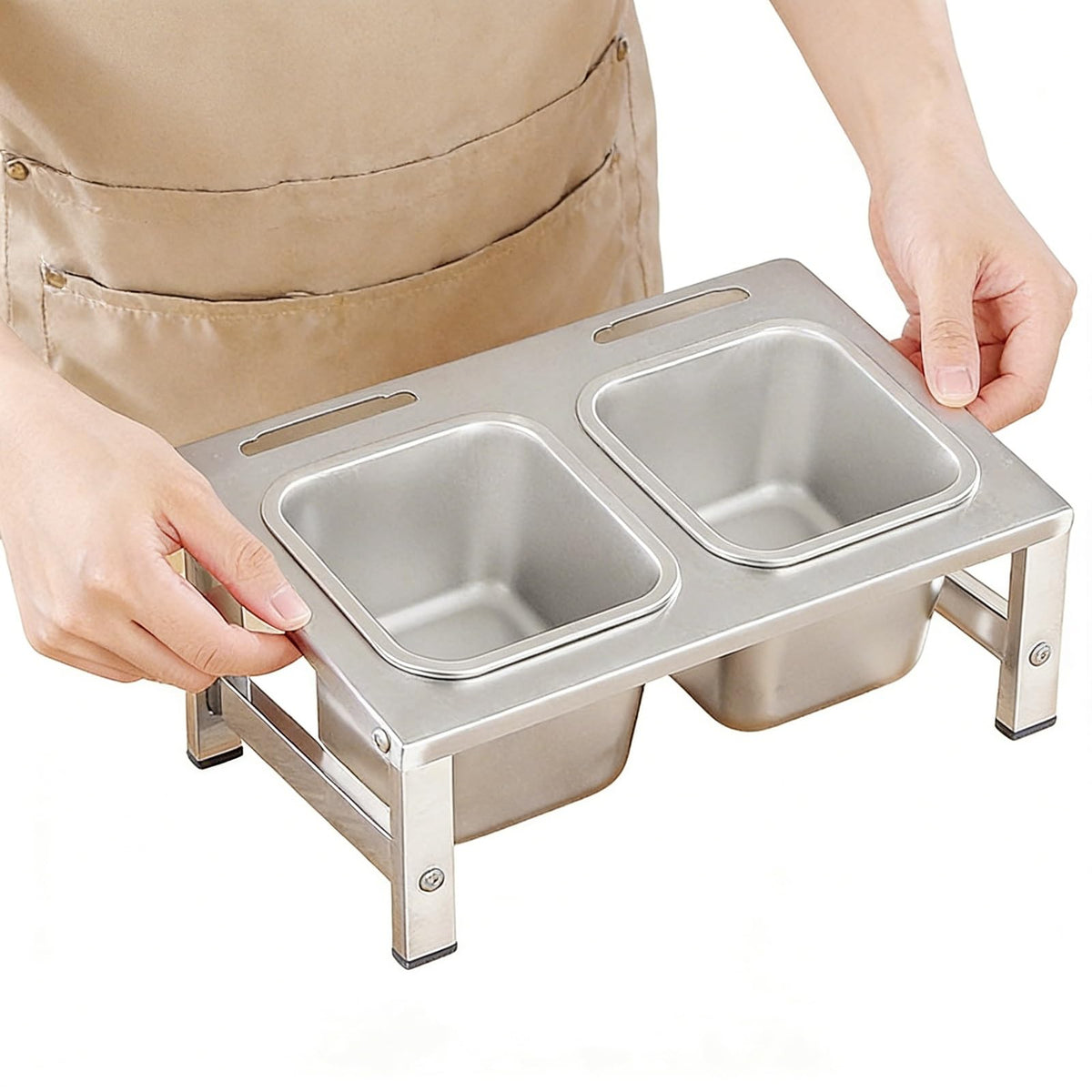 304 Stainless Steel Pizza Topping Station, 2-Tier Condiment Tray with Lids & Spoons, Kitchen Counter Organizer for Spices & Toppings, Restaurant & Home Use