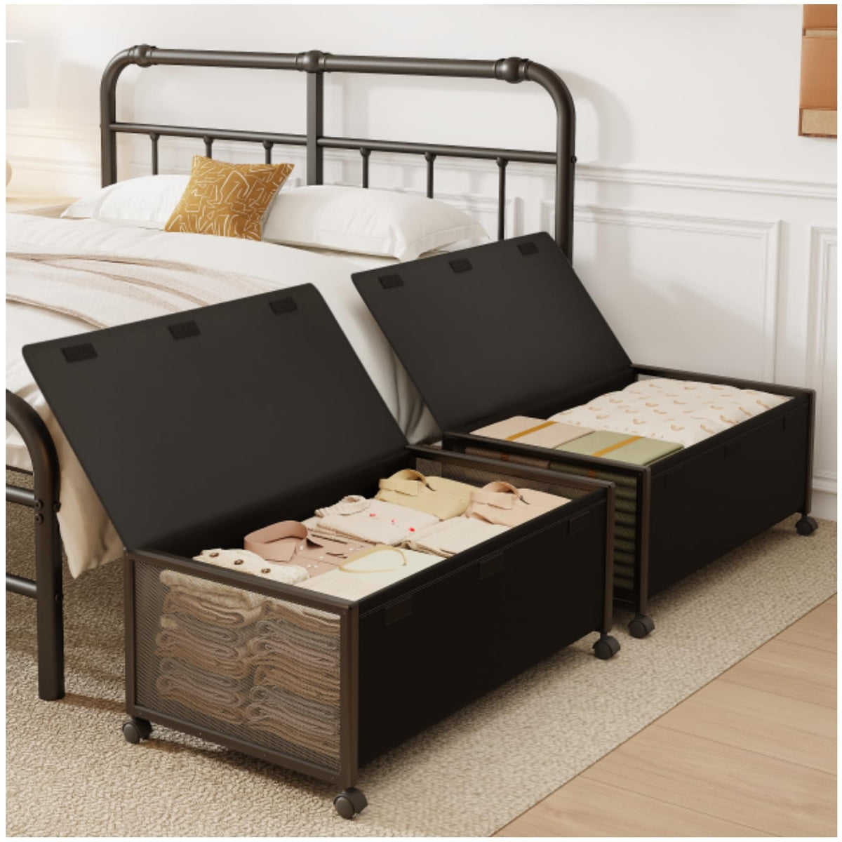 Fokyfok 2 Pack Under the Bed Storage Containers,31 inch Long Underbed Storage with Wheels,12 inch Height Under Bed Shoe Storage,Large Rolling under bed Clothes Storage Drawers with Lid for Dorm,Parent