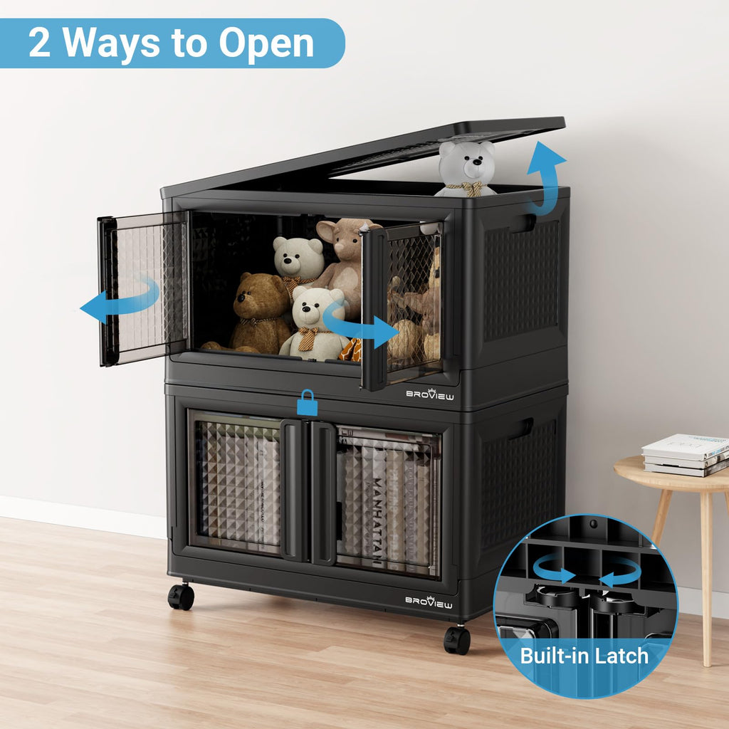 BROVIEW Stackable Storage Bins with Lids, Closet Organizers and Storage Drawer, Plastic Collapsible Storage Bins with Doors, Heavy Duty Store Box Cabinet for Home Kitchen