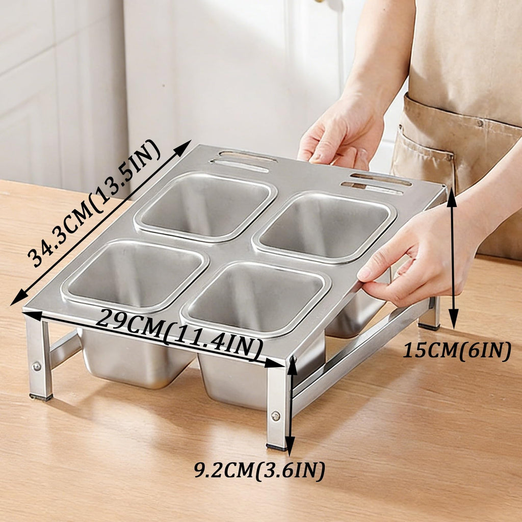 304 Stainless Steel Pizza Topping Station, 2-Tier Condiment Tray with Lids & Spoons, Kitchen Counter Organizer for Spices & Toppings, Restaurant & Home Use