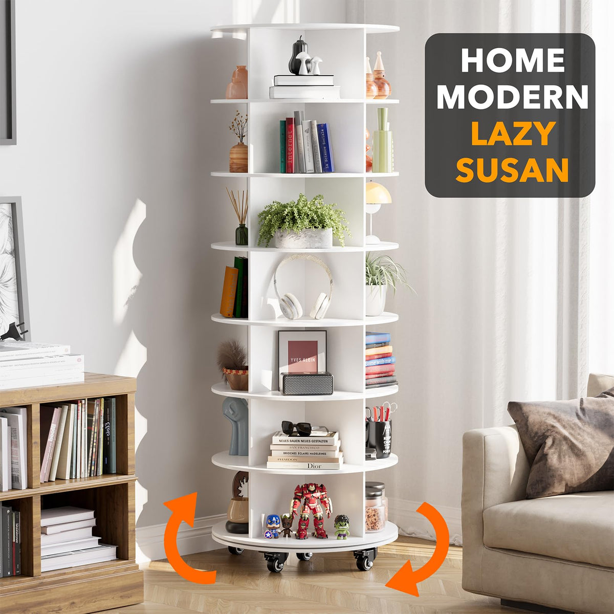 SpaceAid Spinning Shoe Rack with Wheels, 7 Tier Rotating Organizer Shoe Tower Lazy Susan with Thick Bottom, 360 Display Revolving Storage Shelf, Round Circular Rotate Organization, White