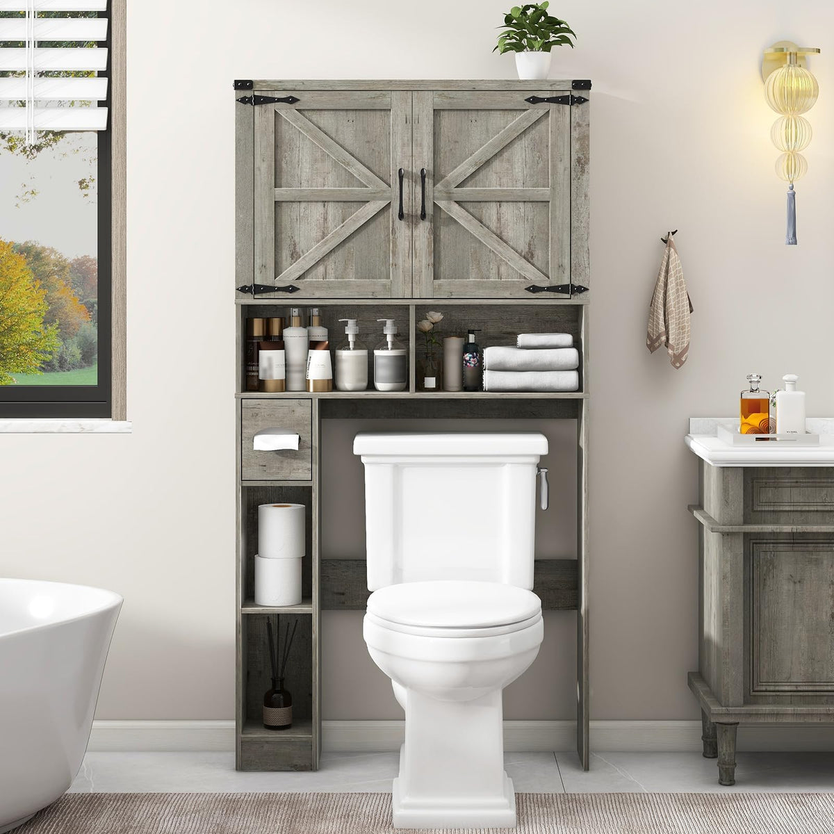 Vabches Over-the-Toilet Storage Cabinet with Barn Doors