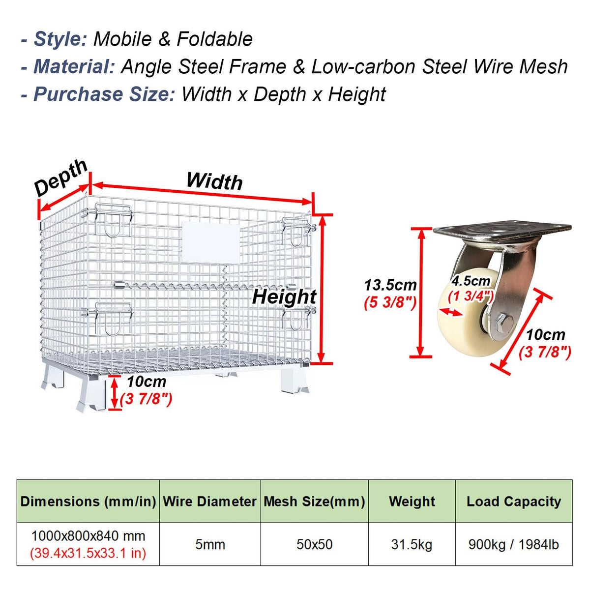 Heavy-Duty Wire Mesh Storage Cart with 4 Wheels & Folding Feet - Mobile Utility Trolley for Home, Garage, Warehouse, and Shop Organization