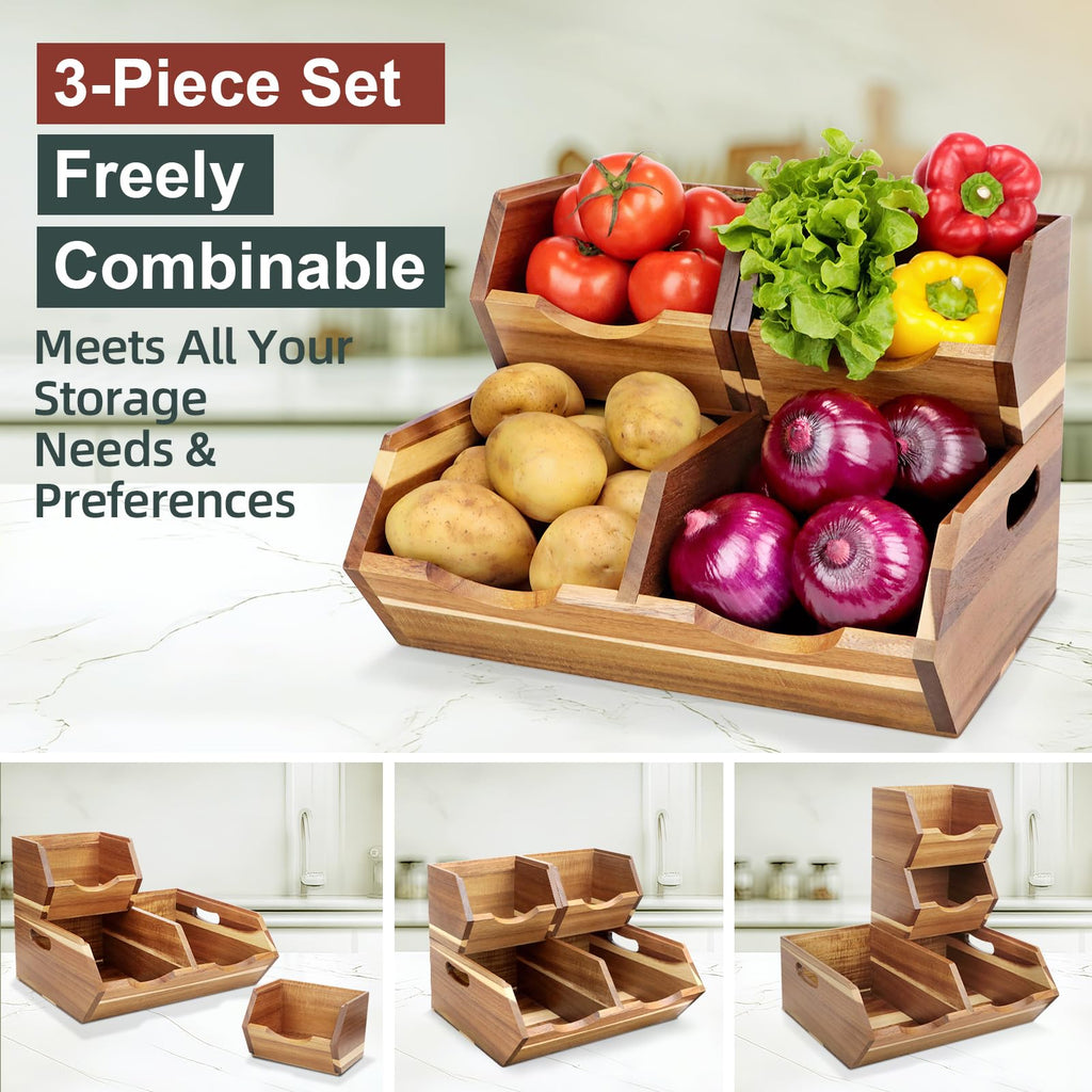 Happilif Acacia Wood Pantry Storage Bins, Stackable 3-piece set