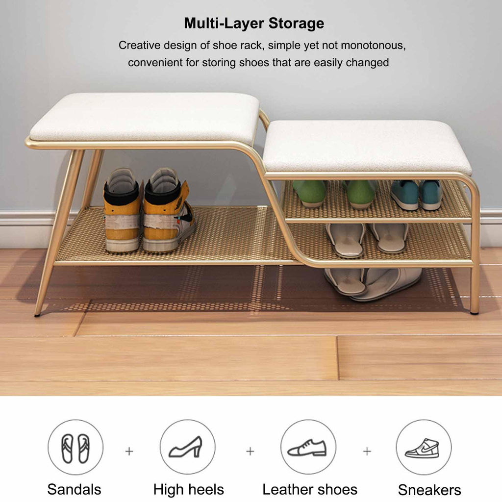 RUYICZB Shoe Rack Bench with Cushion, 2 Tier Storage Bench, Entryway Bench with Legs, Metal Shoe Rack Organizer, Shoe Storage Bench for Living Room, Hallway, Entryway