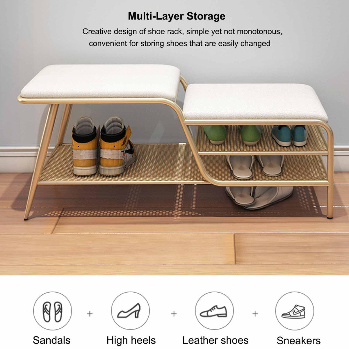 RUYICZB Shoe Rack Bench with Cushion, 2 Tier Storage Bench, Entryway Bench with Legs, Metal Shoe Rack Organizer, Shoe Storage Bench for Living Room, Hallway, Entryway