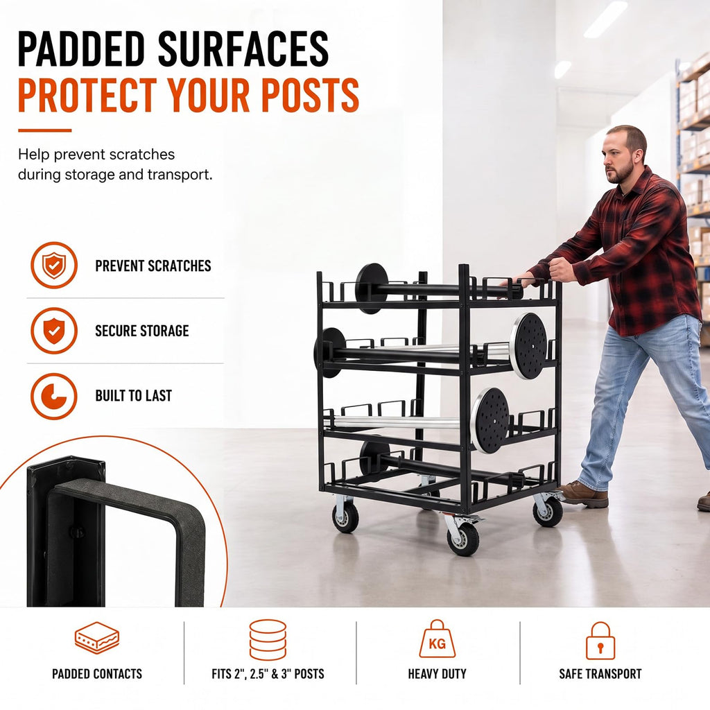 Datanly Stanchion Cart, Crowd Control Stanchion Cart, Easy to Assemble, Horizontal Padded Storage Locking Wheels for Safety with 8 Tie-Down Straps