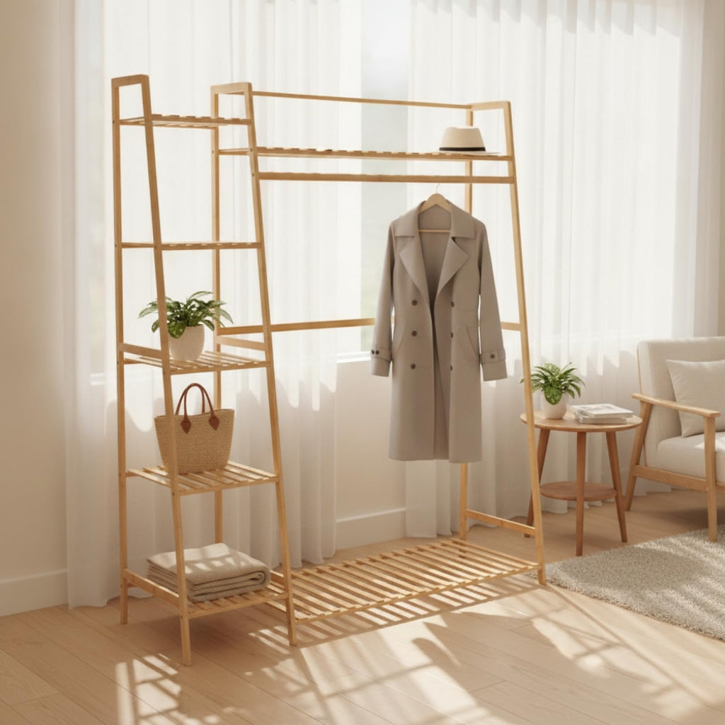 Fonowx Clothing Rack Bamboo Garment Organizer Wardrobe Stand Coat Hanger With Side Shelves And Bottom Slats For Space Saving Storage Suitable for bedroom entryway apartment